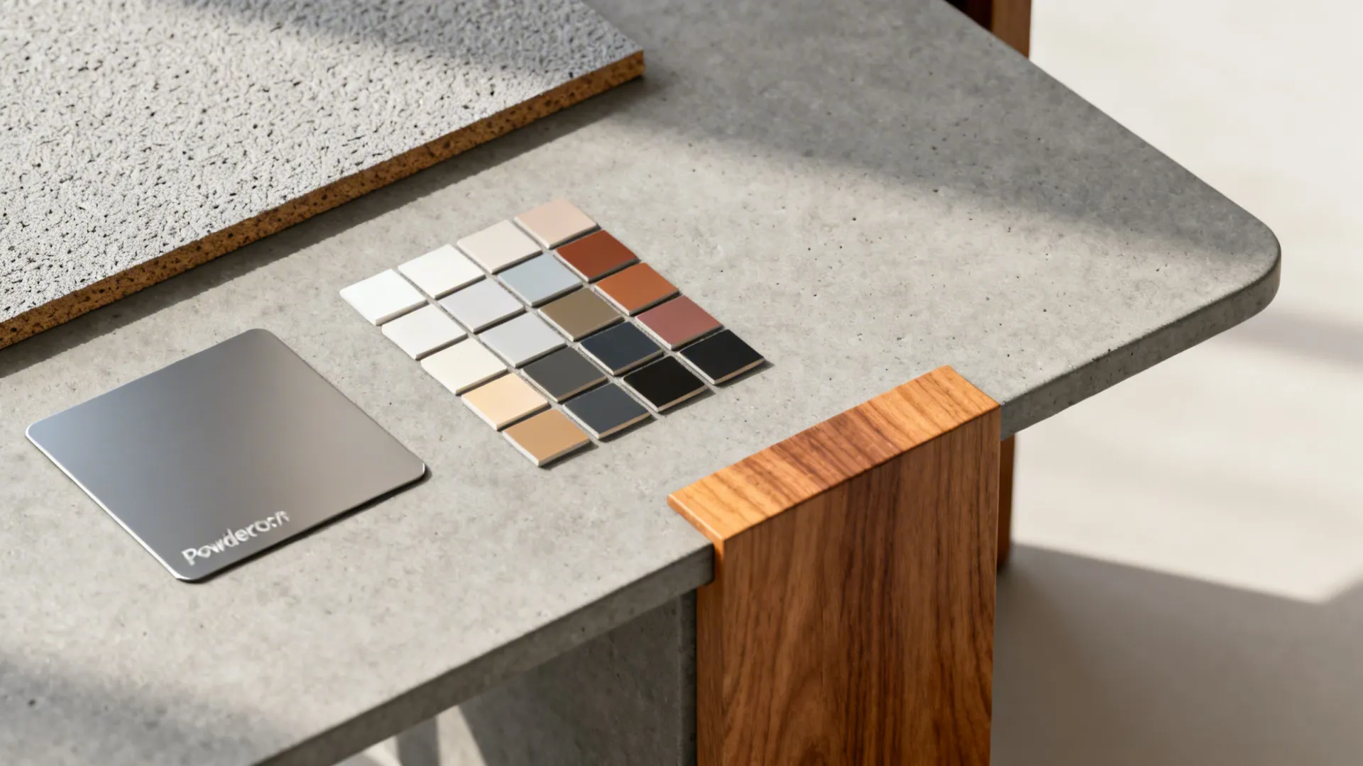 Material and finish samples for gray end tables including metal, MDF, concrete and wood