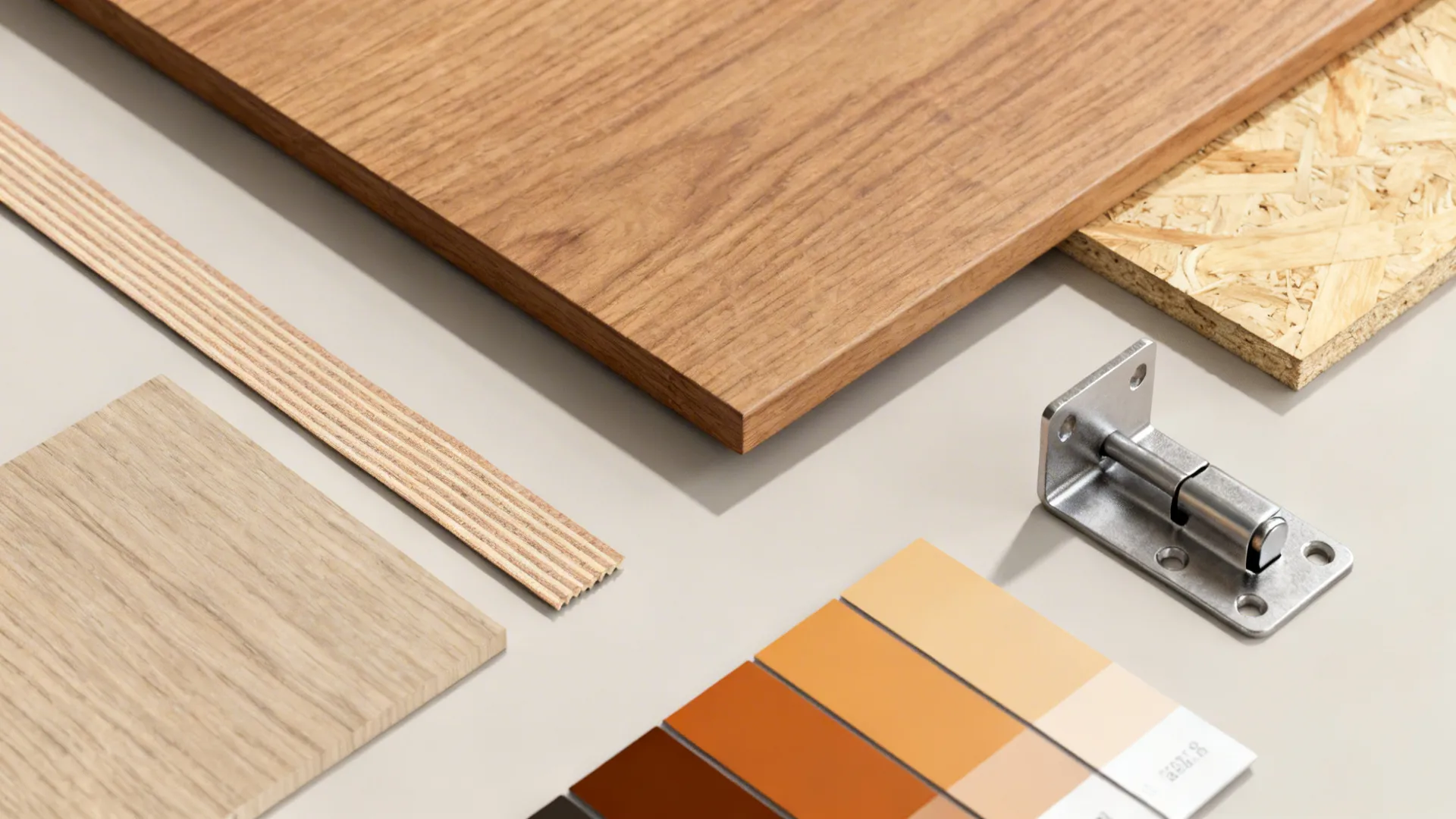 Top-down flatlay of table leaf material samples: solid wood, veneered plywood, edge banding and hardware.