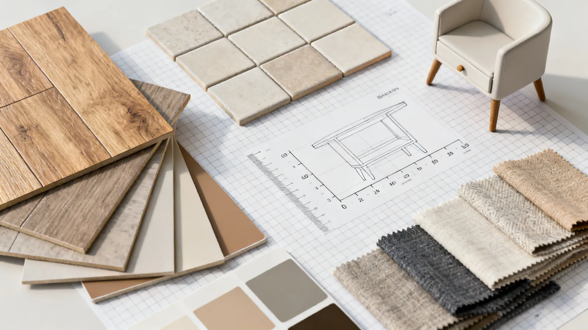 Flatlay of material and fabric samples for testing a small combo palette