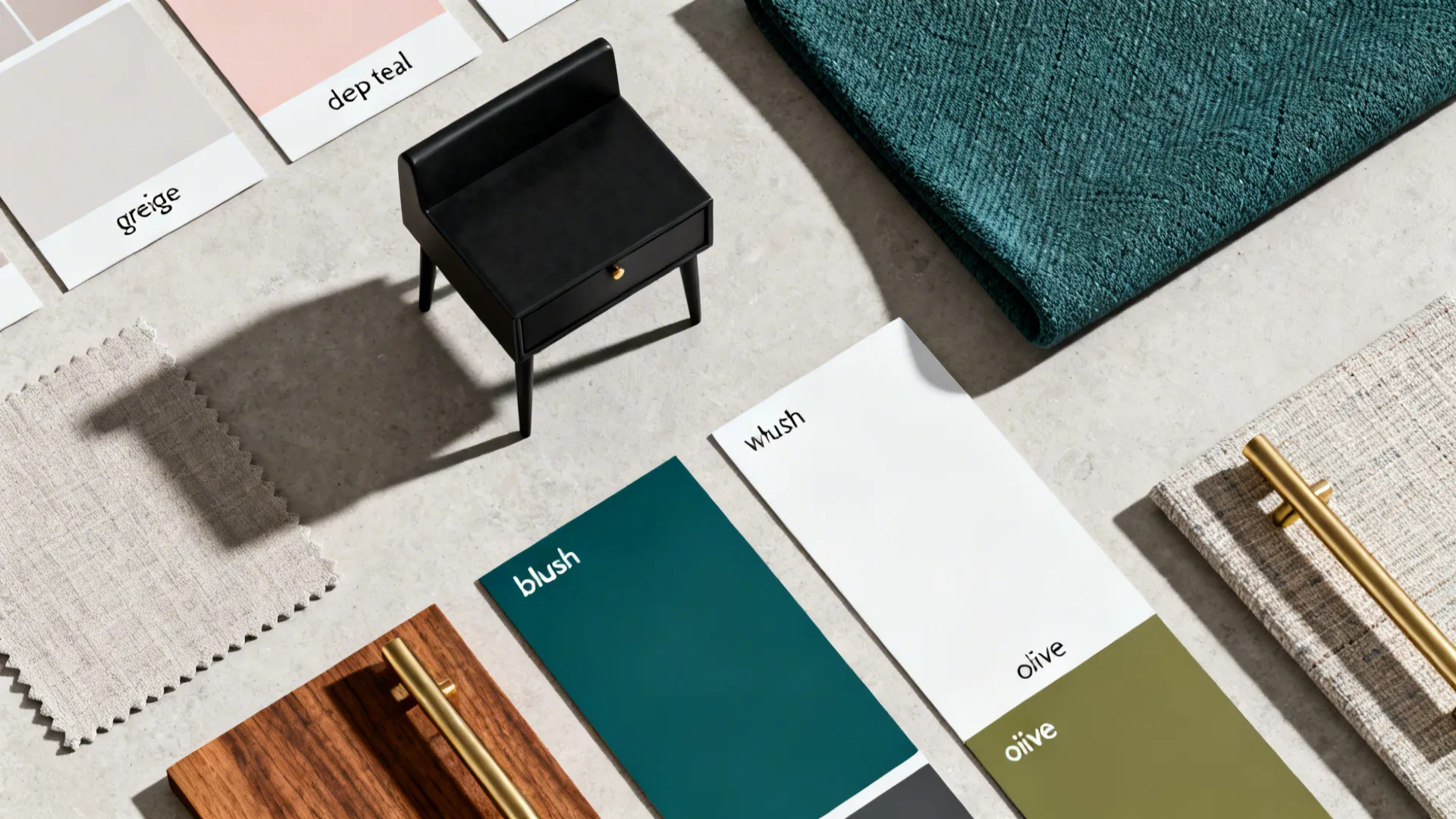 Top-down flatlay of paint swatches, fabric samples and wood and brass finishes for black furniture palettes