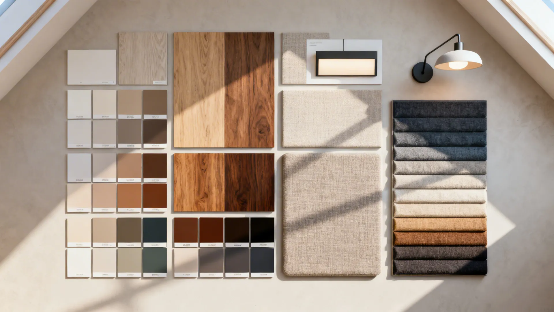 Flatlay of paint, wood, fabric and acoustic samples for a vaulted living room palette