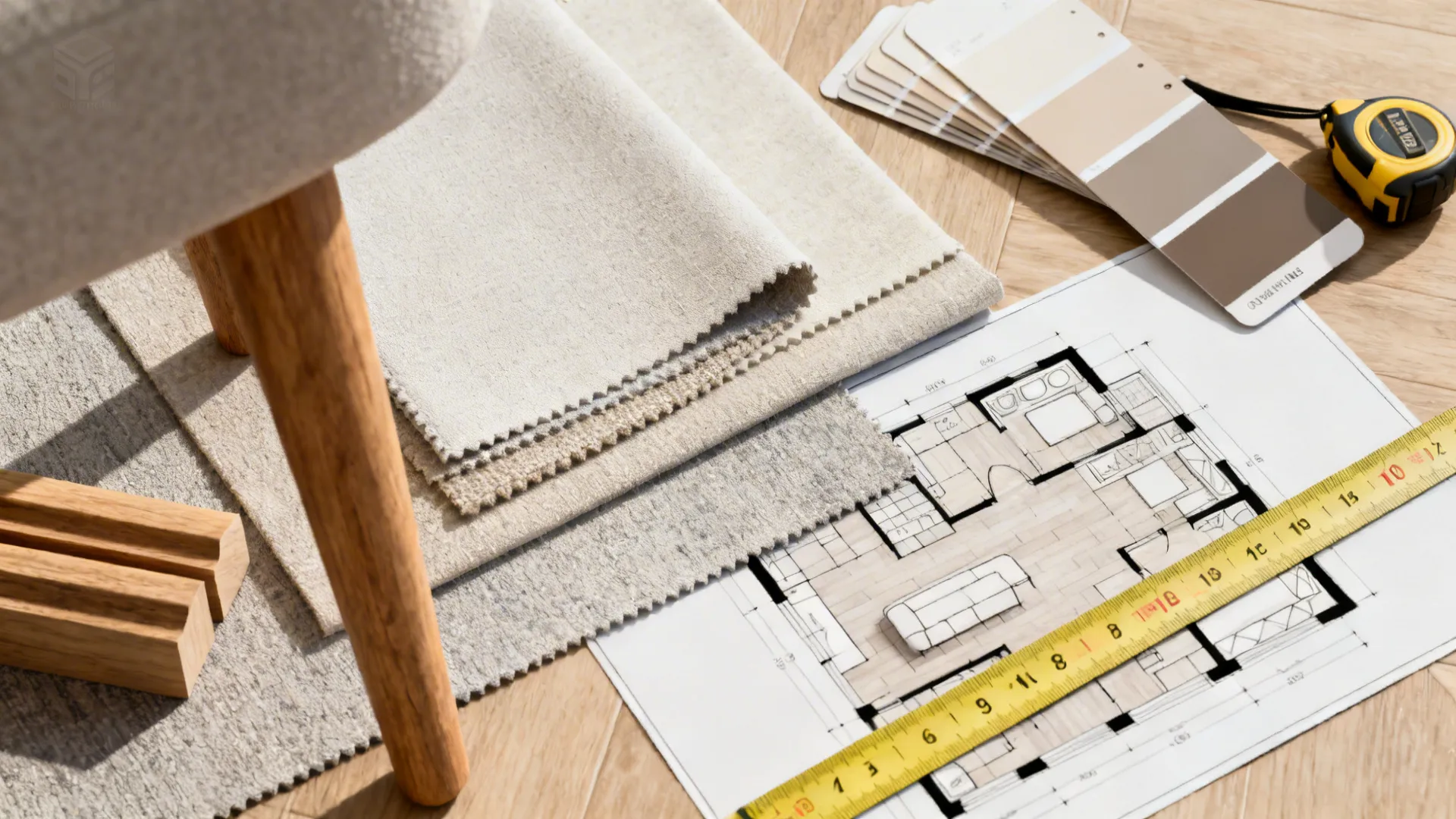 Flatlay of fabric swatches, wood samples and a measuring tape for planning small living rooms.