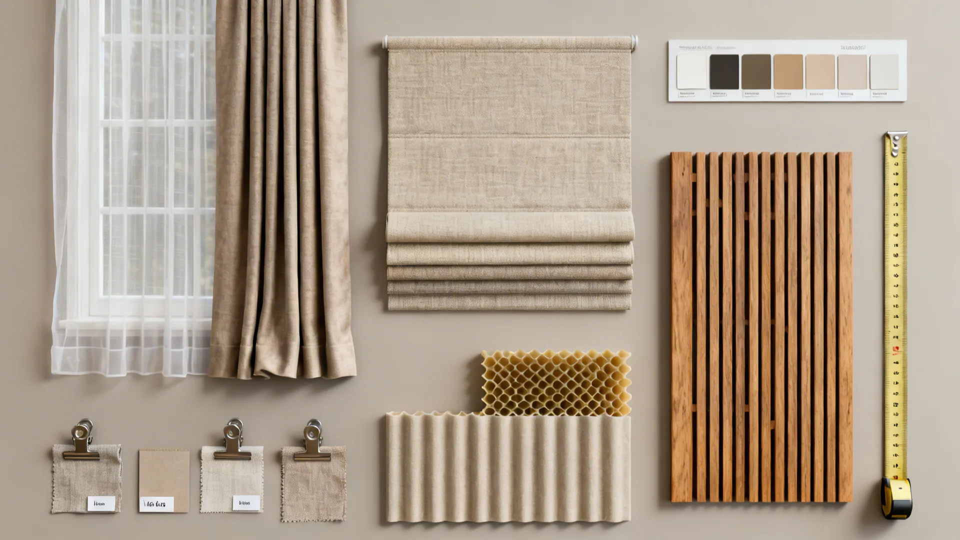 Flatlay of fabric and material samples for window treatments including sheers, drape, roman fabric, wood slat and cellular honeycomb.