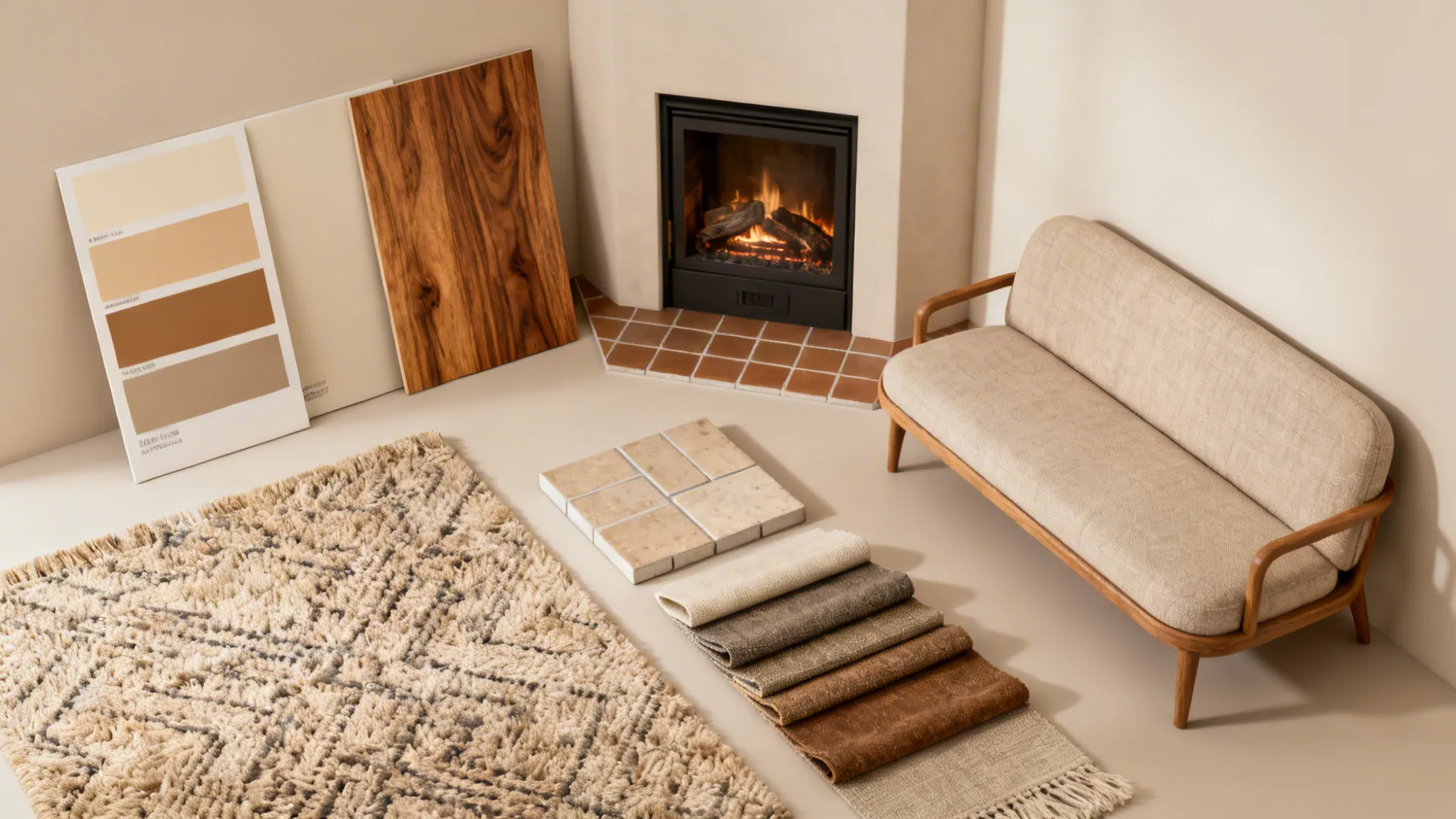 Interior design board showing fabric samples wood panel paint colors small sofa rug and corner fireplace