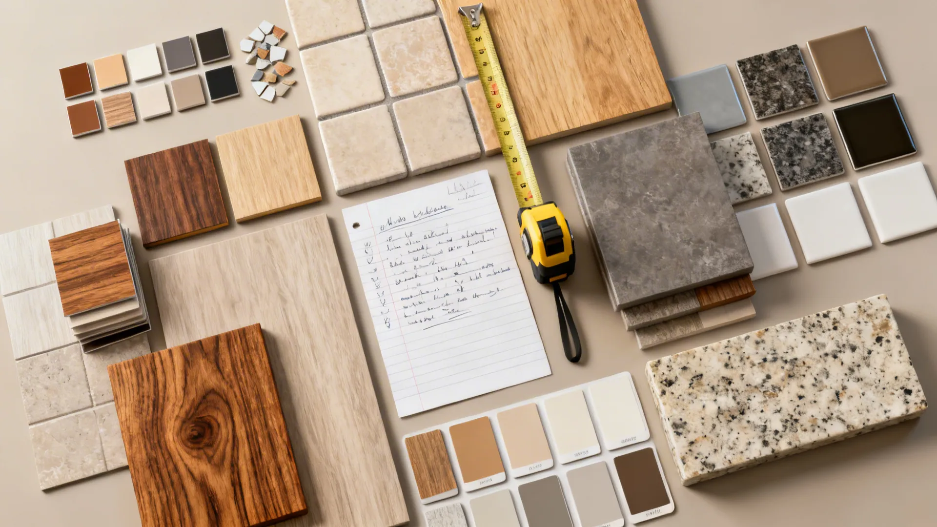 Flatlay of flooring, countertop, and paint samples used to define kitchen and living areas.