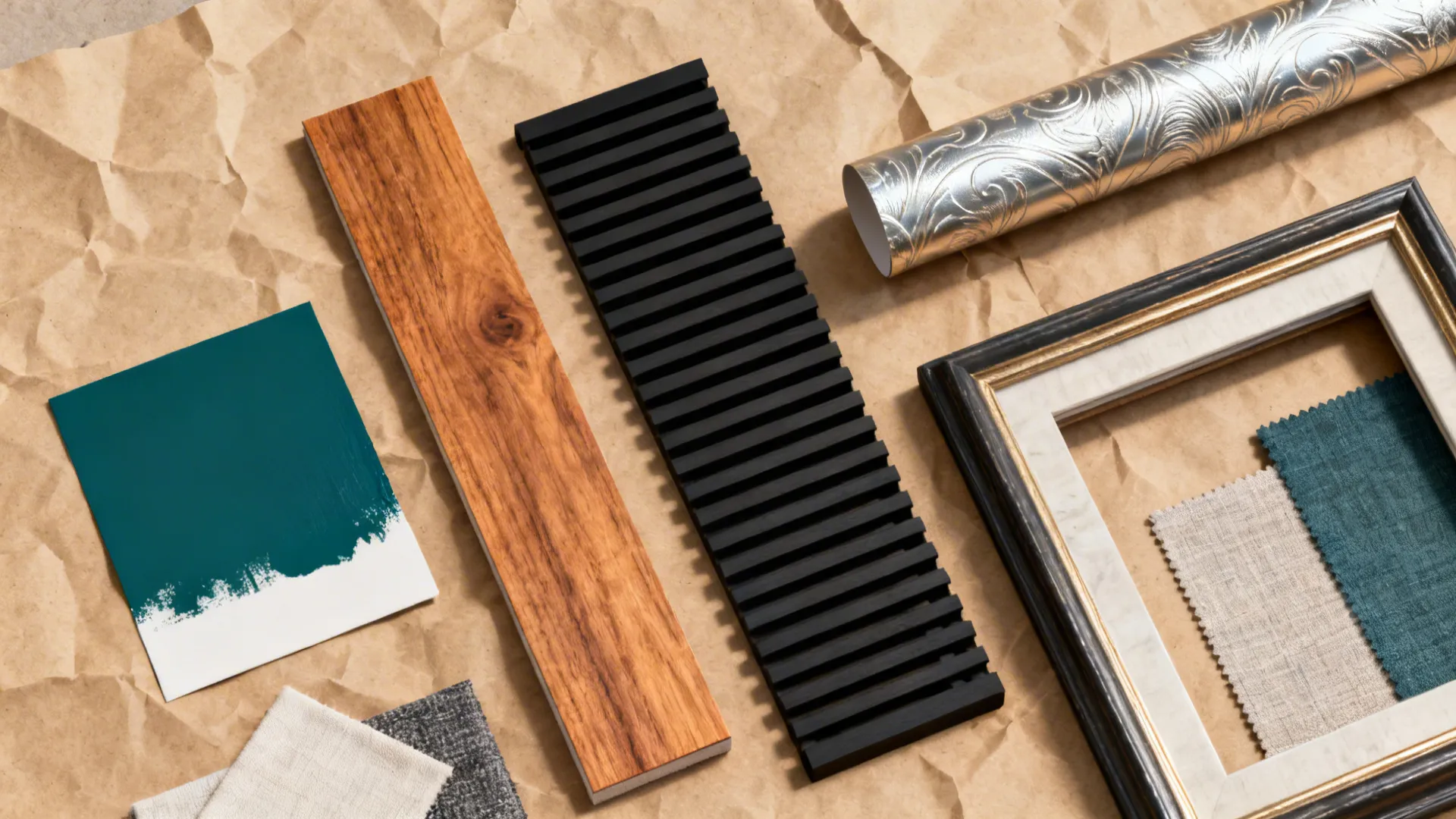 Flatlay of paint, wood, black slat, metallic wallpaper and frame samples for accent wall choices.