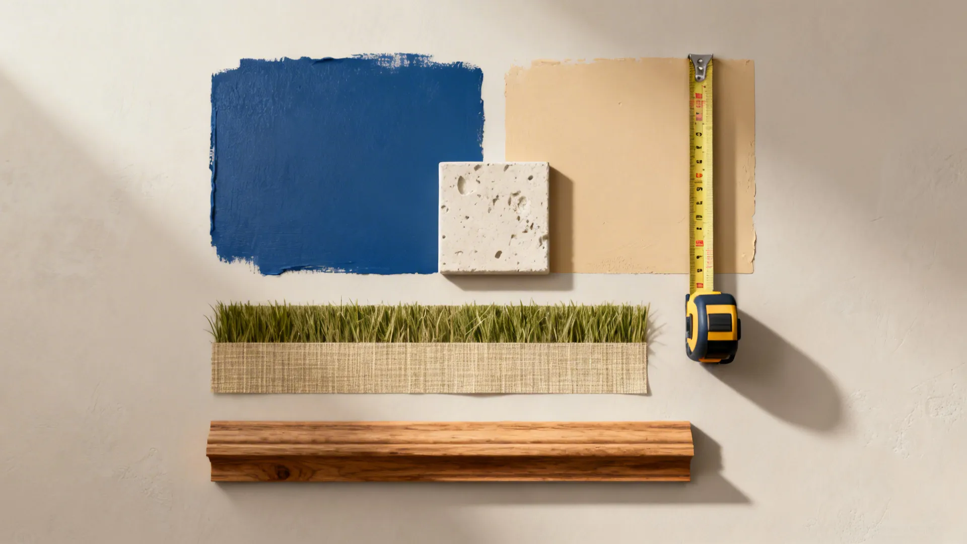 Top-down flatlay of paint swatches, plaster sample, wallpaper strip, and wood trim for accent wall planning.