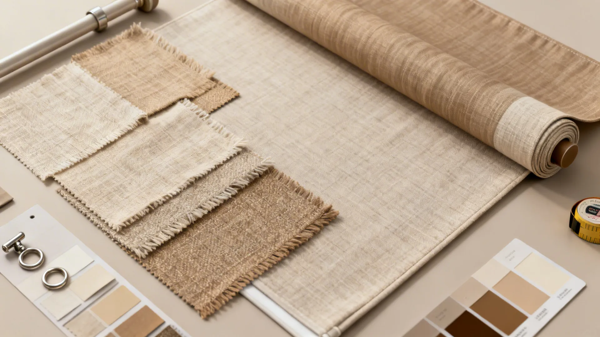 Flatlay of fabric swatches, roller fabric, hardware samples and measuring tape for window treatments.