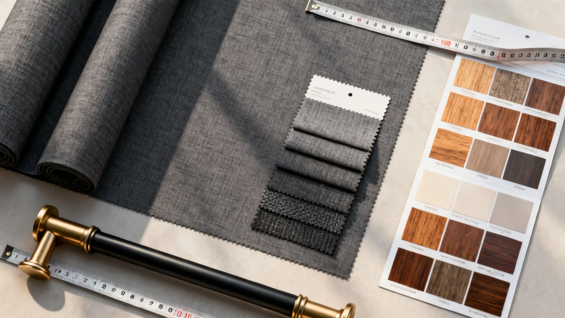 Flatlay of dark grey fabric swatches, lined mid-weight samples, wood tone cards and hardware finishes.