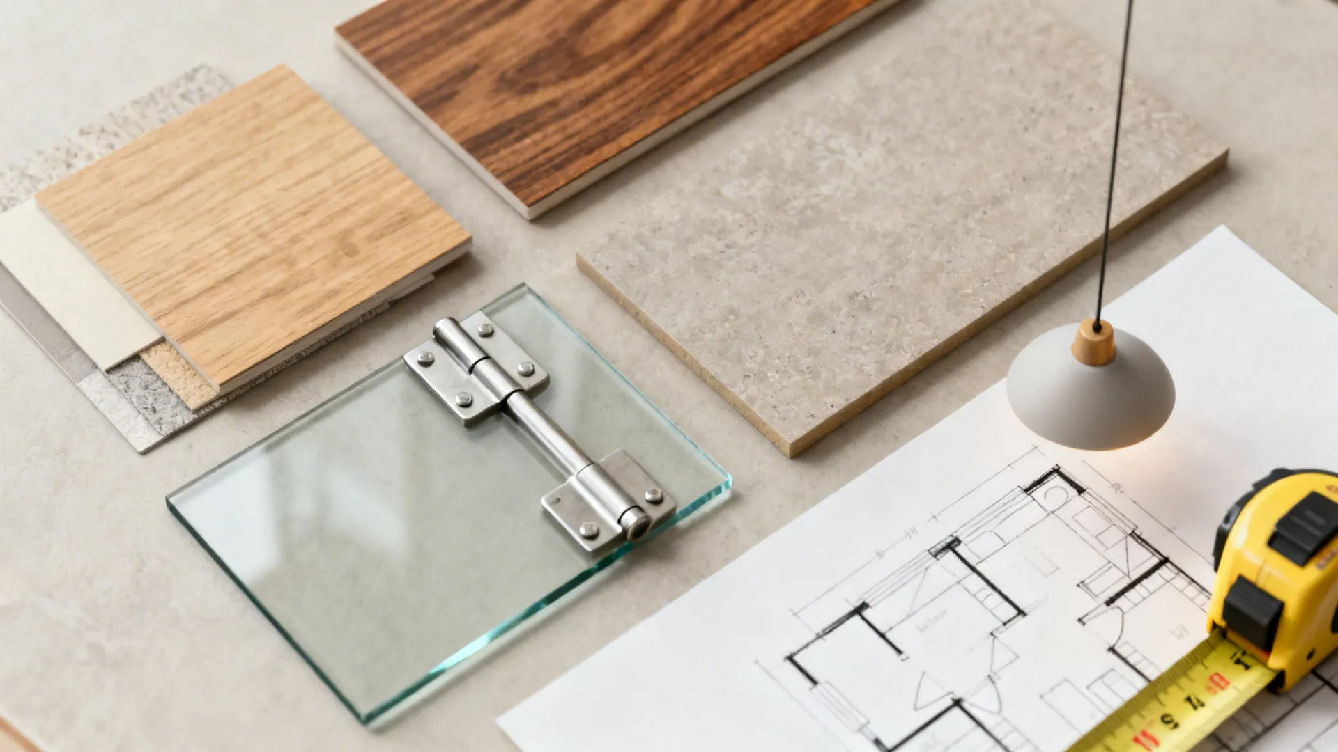 Flatlay of material samples including wood veneer, laminate, glass, hinge detail, and a floor plan sketch.