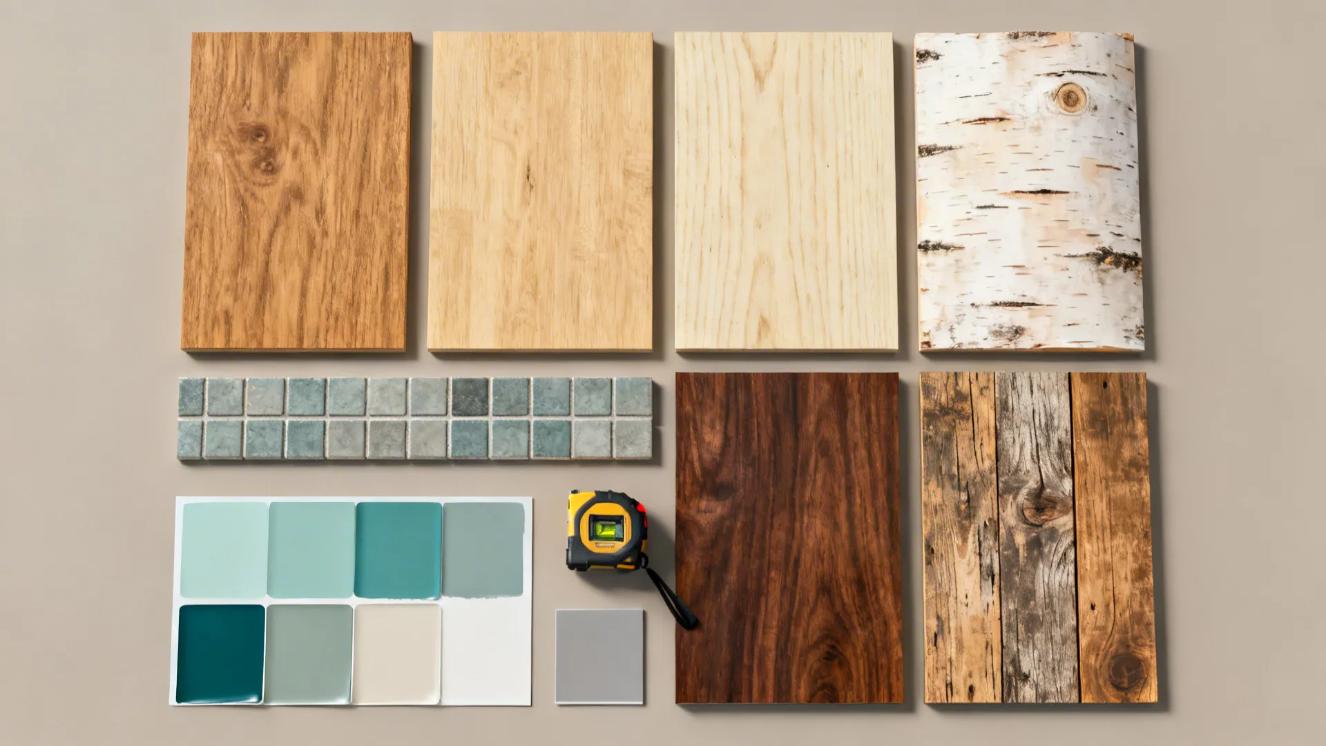 Flatlay of wood species swatches, paint chips, tile strip and tools for planning an accent wall