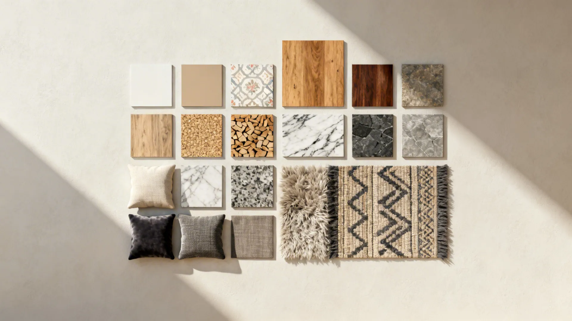 Flatlay of paint, wallpaper, wood and fabric samples for testing accent walls.