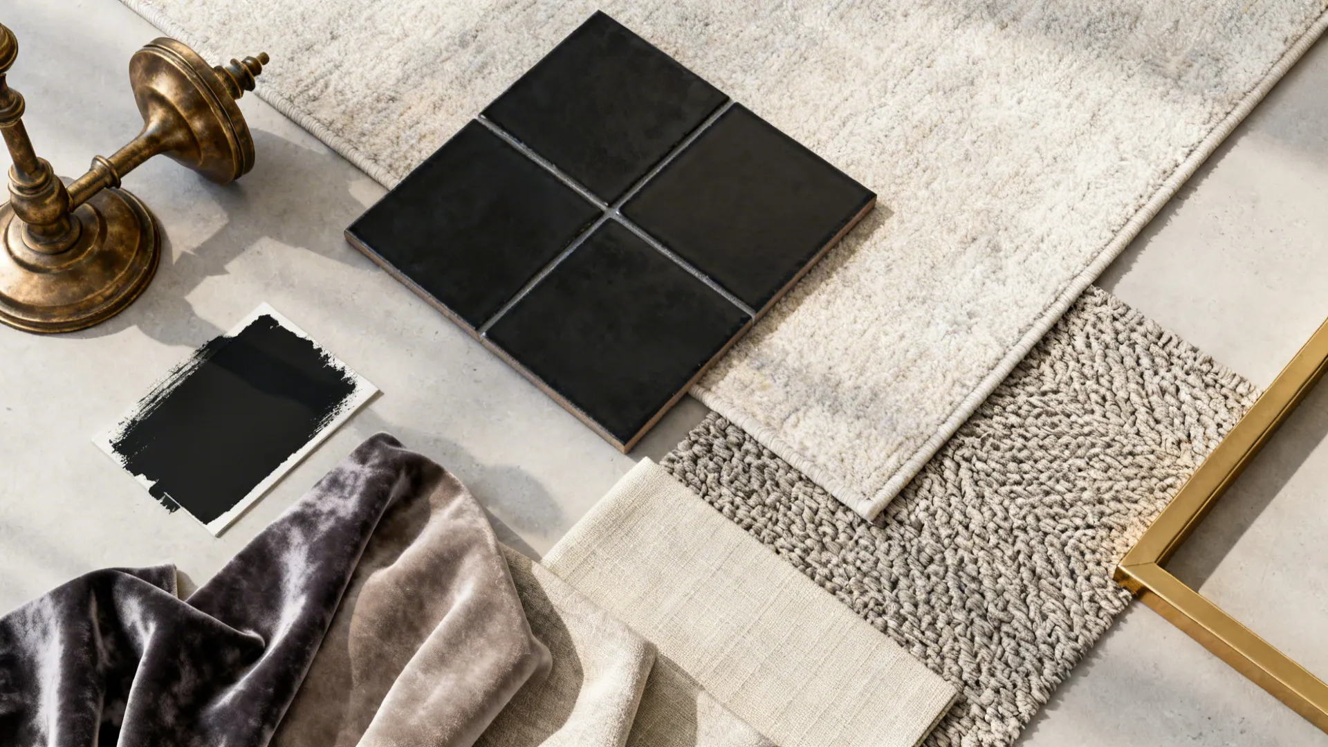 Top-down flatlay of matte black paint, antique brass fixture, rug and fabric swatches for a small apartment.