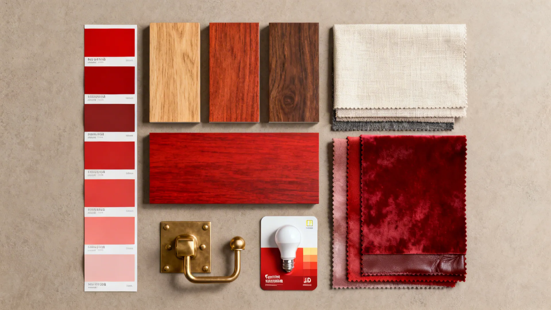 Flatlay of red paint chips, wood stains, fabric swatches and brass samples for red-room planning