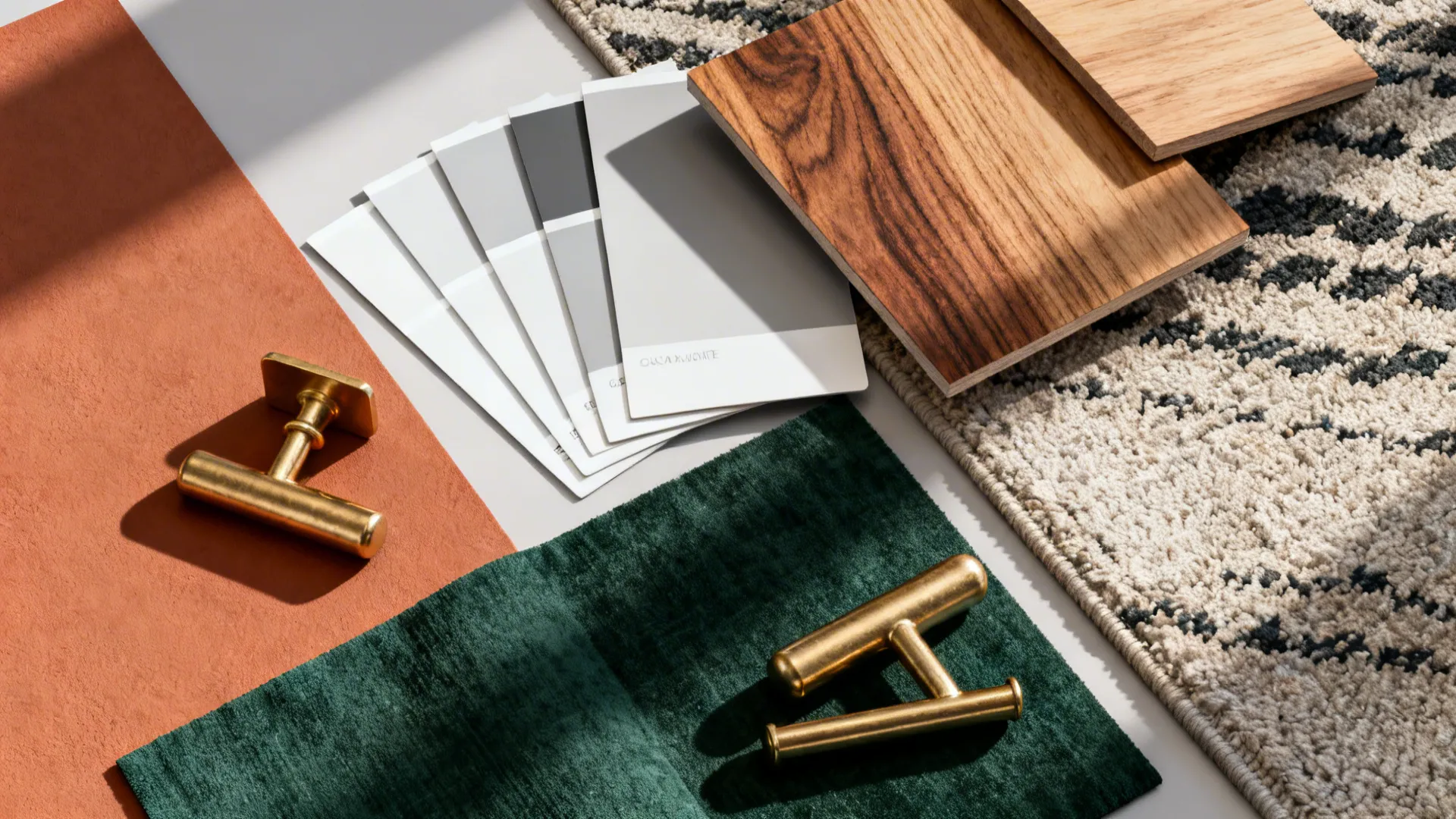 Flatlay of paint swatches, wood samples, brass and textile swatches for grey and white schemes.