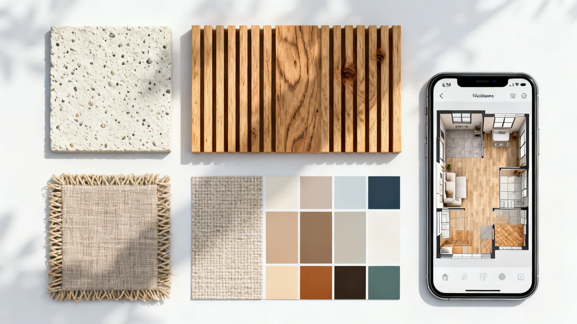 Top-down material sample flatlay including plaster, wood, fabric swatches and paint chips