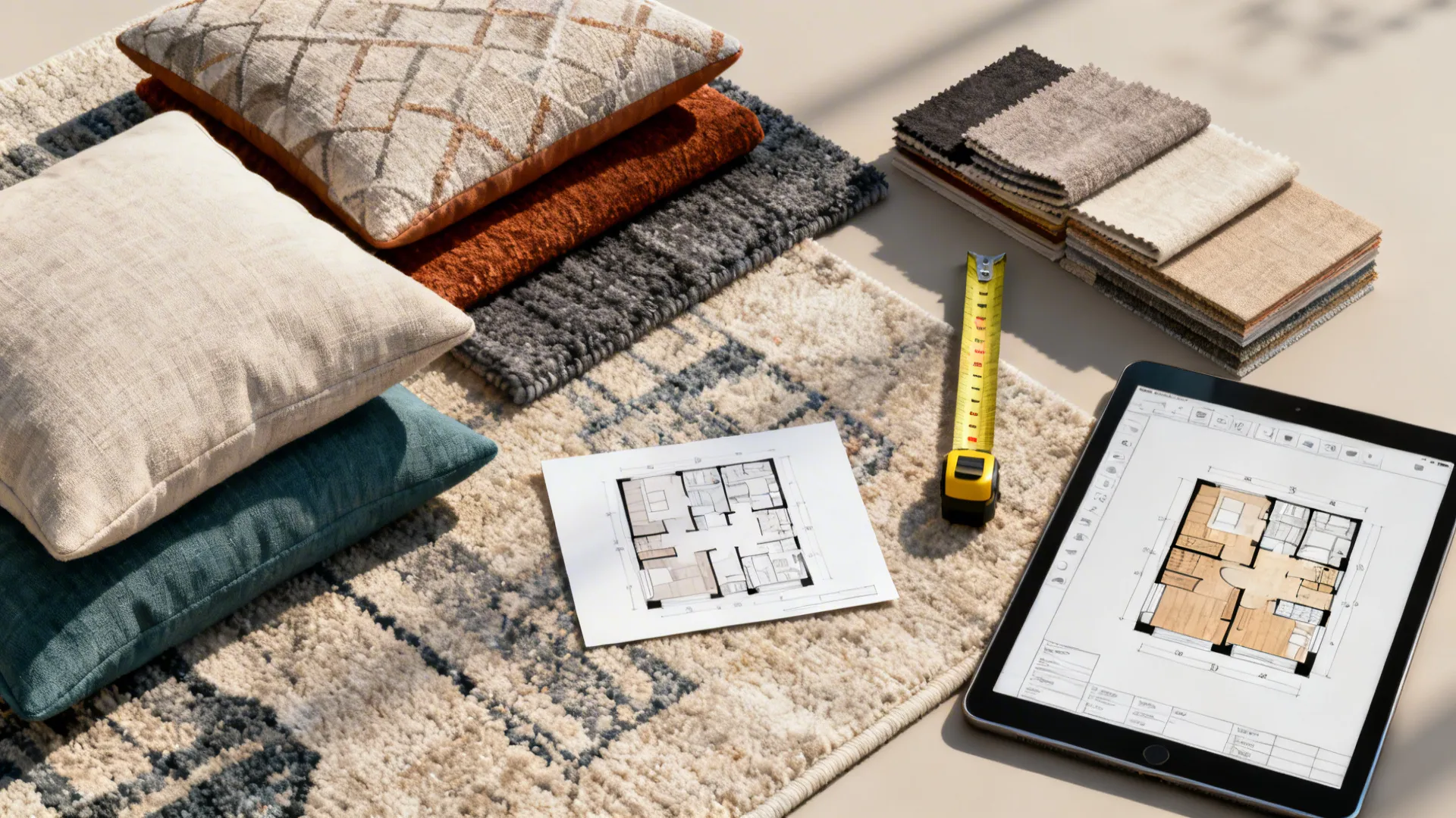 Flatlay of textile swatches, rug samples, measuring tape and a floor planner for testing layouts.