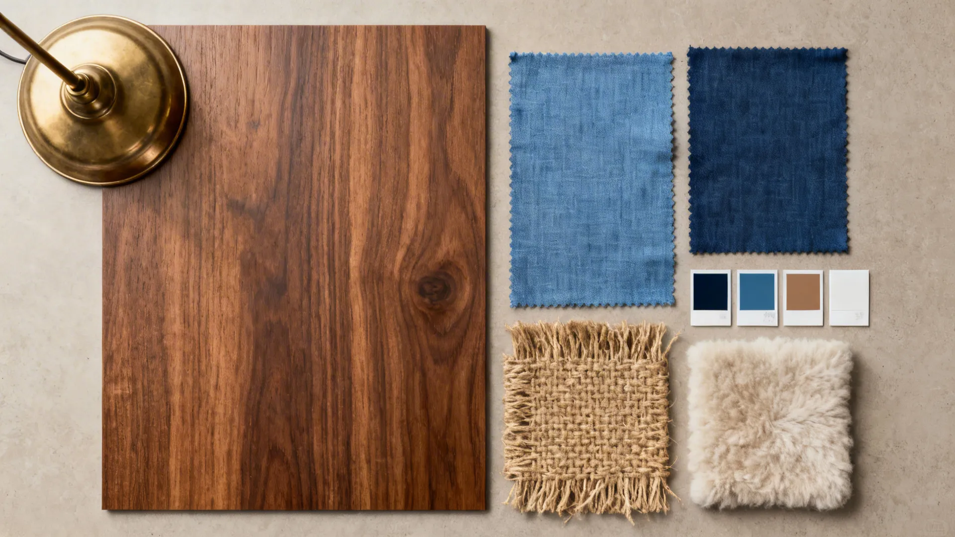 Flatlay of wood, blue fabric, brass and textile samples showing color harmony