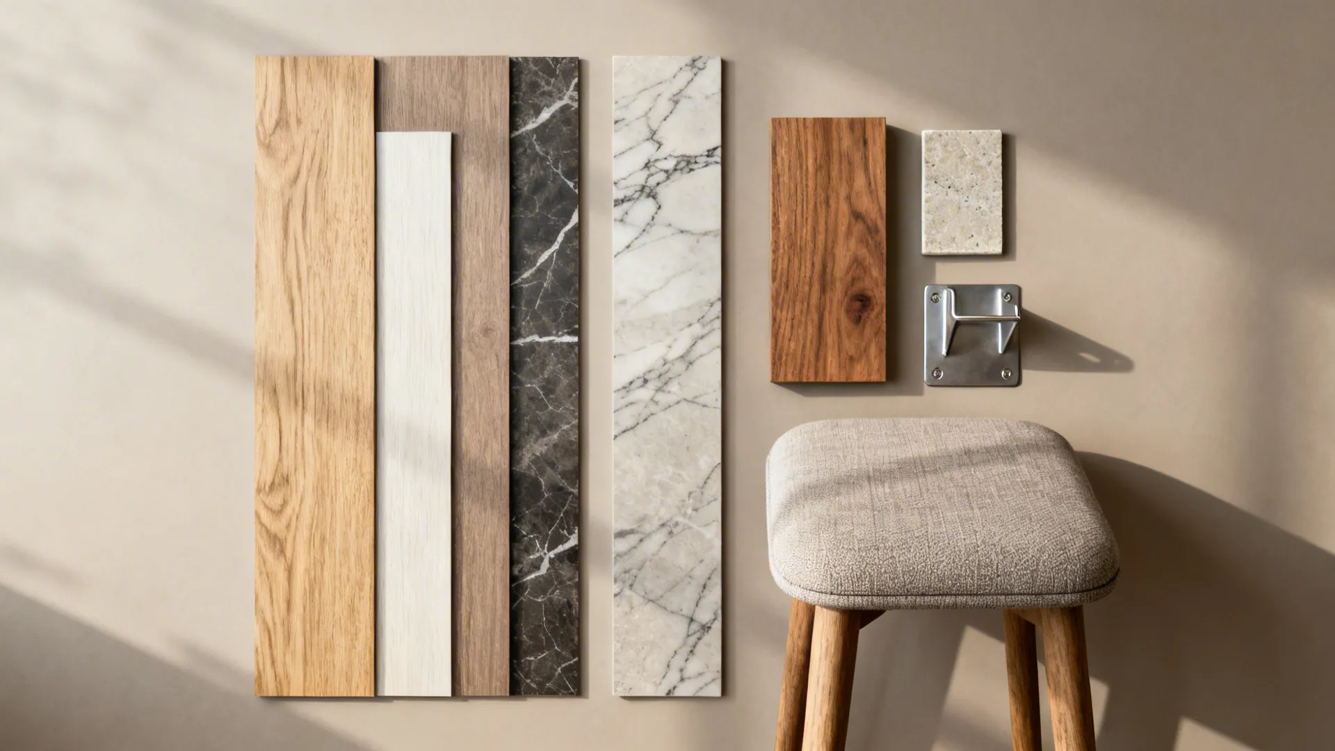 Flatlay of laminate, engineered wood, solid wood and stone samples with bracket and stool swatches.