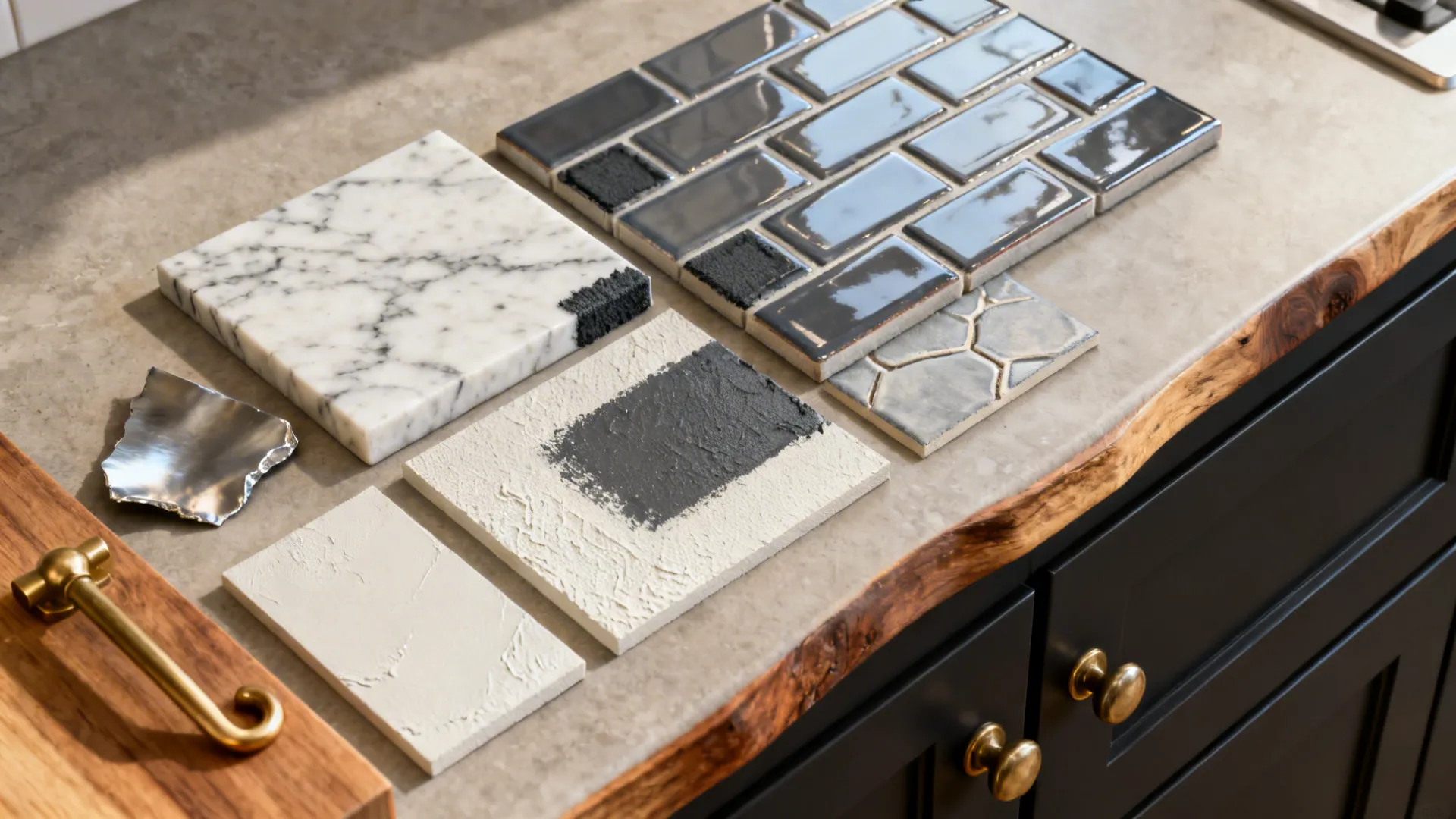 Flatlay of backsplash and finish samples for pairing with dark cabinets
