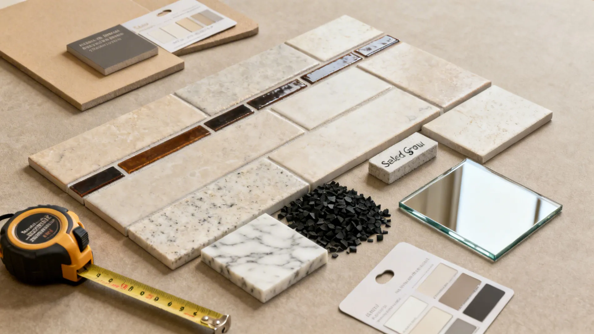 Flatlay of backsplash material samples including premium accent strip and budget tiles.