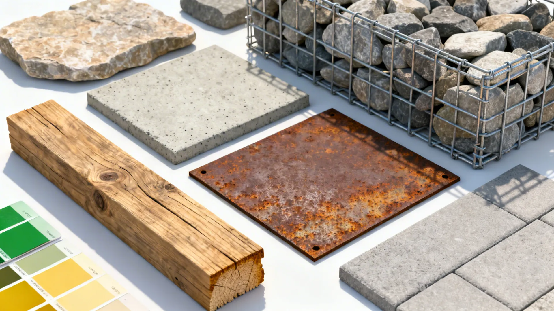 Top-down flatlay of material samples: stone, concrete, corten steel, timber sleeper and planting color chips.