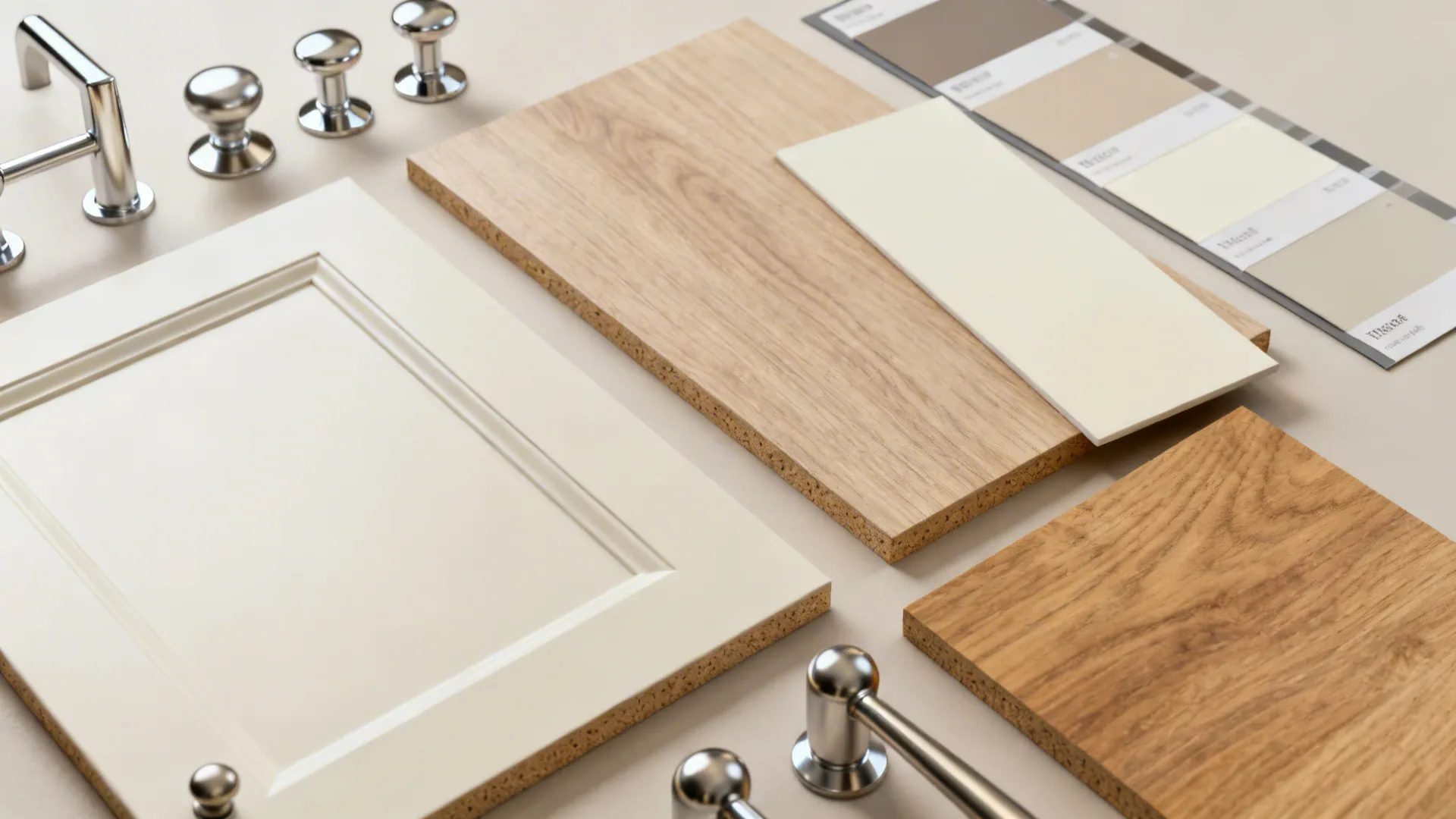 Cabinet door and wood samples with metal handles and color strips on a neutral background