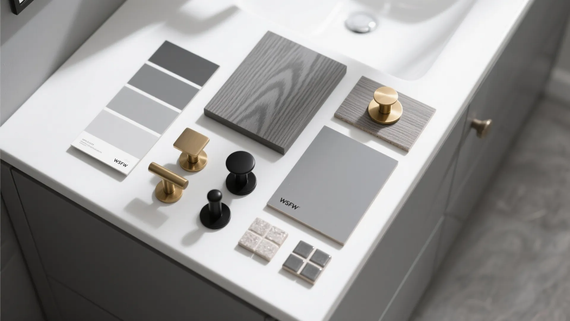 Material flatlay with gray paint swatches, hardware samples and tile chips for vanity planning