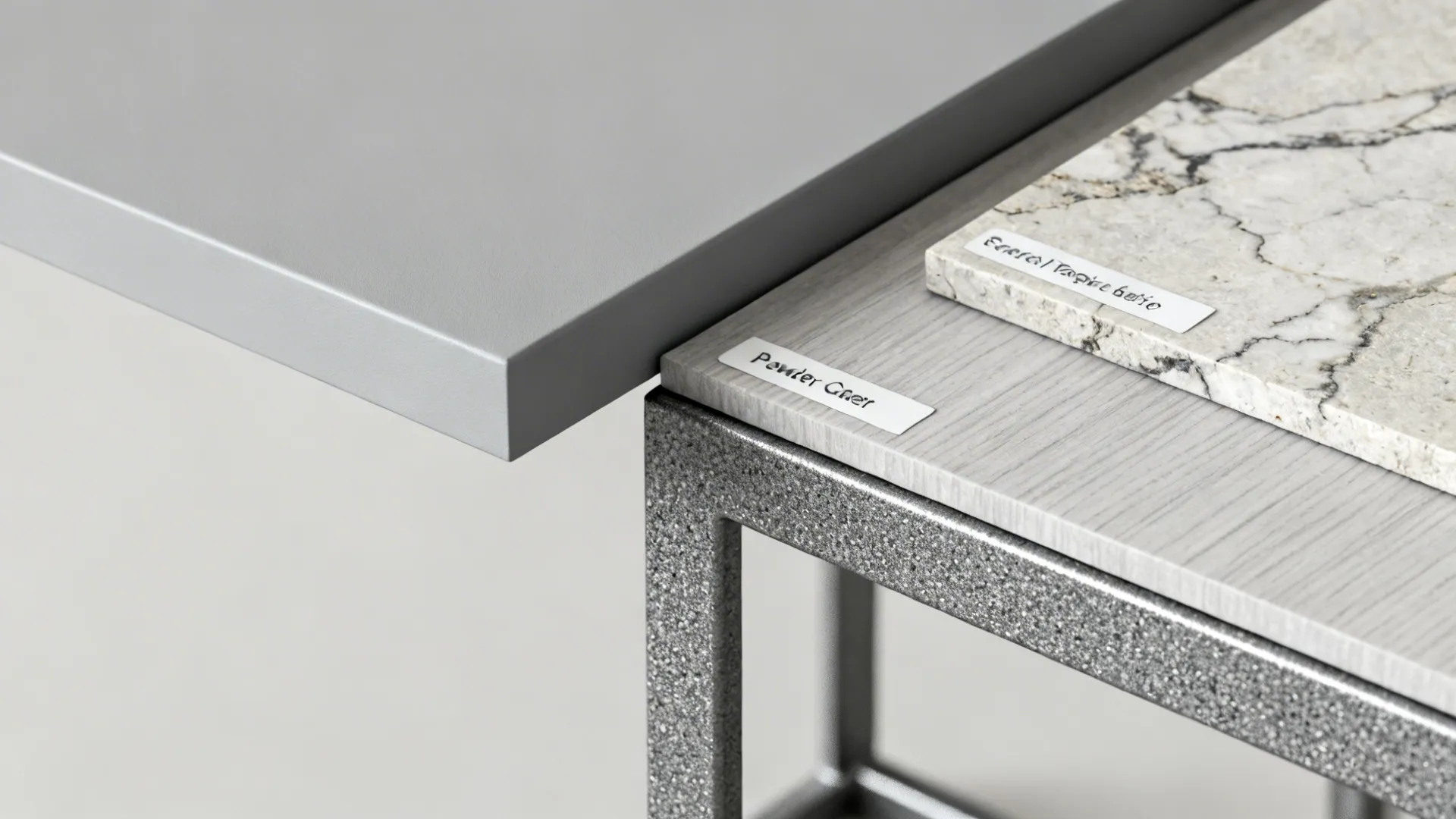 Material samples for grey end tables: MDF, powder-coated metal, and stone veneer close-up.