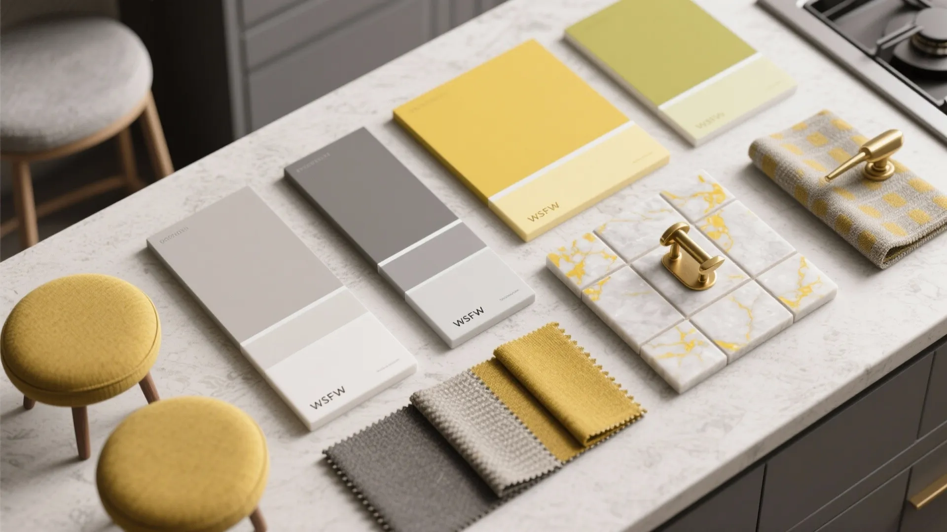 Interior design material board with yellow and grey color cards fabric swatches and gold handles