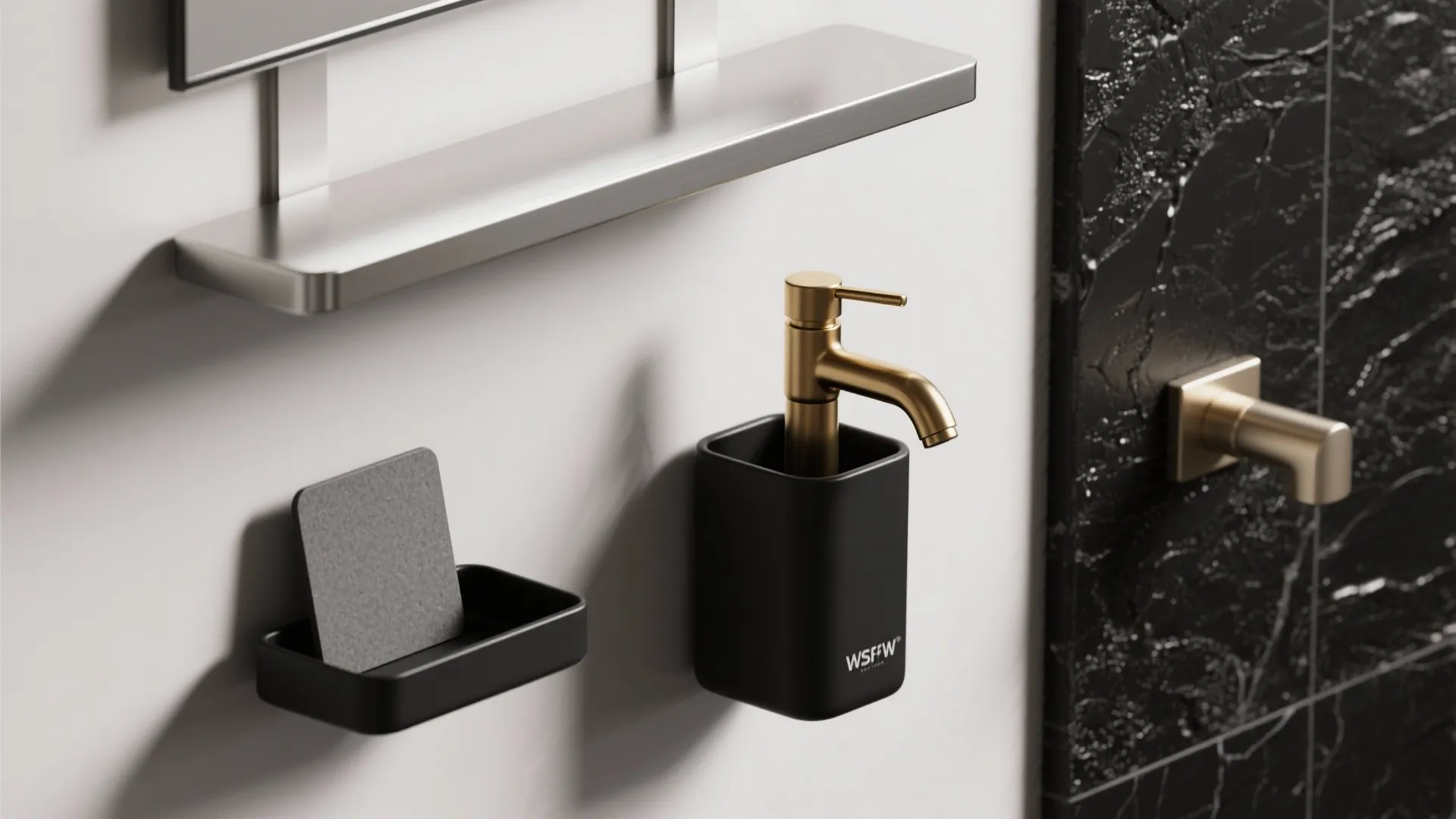 Macro collage of stainless steel, powder-coated black, and brass finish samples for bathroom fixtures.