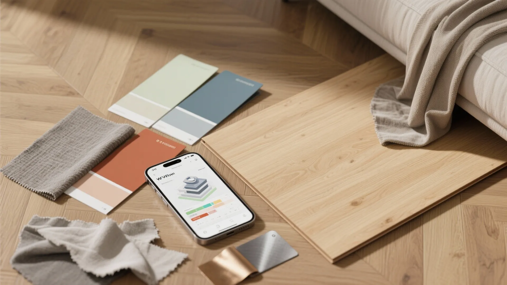 Flatlay of oak sample, paint swatches, fabrics and 3D planner to test wall colors