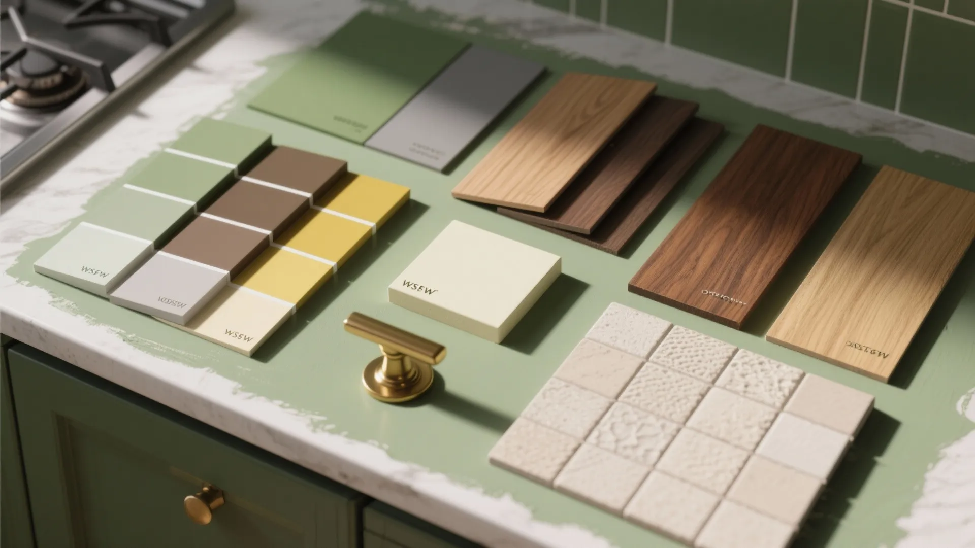 Top-down flatlay of paint swatches, wood samples, brass hardware, and tile backsplash for olive green kitchen planning.