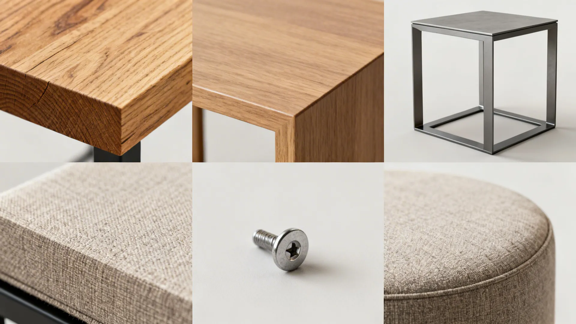 Material and finish samples for side tables including wood, metal, and fabric swatches.