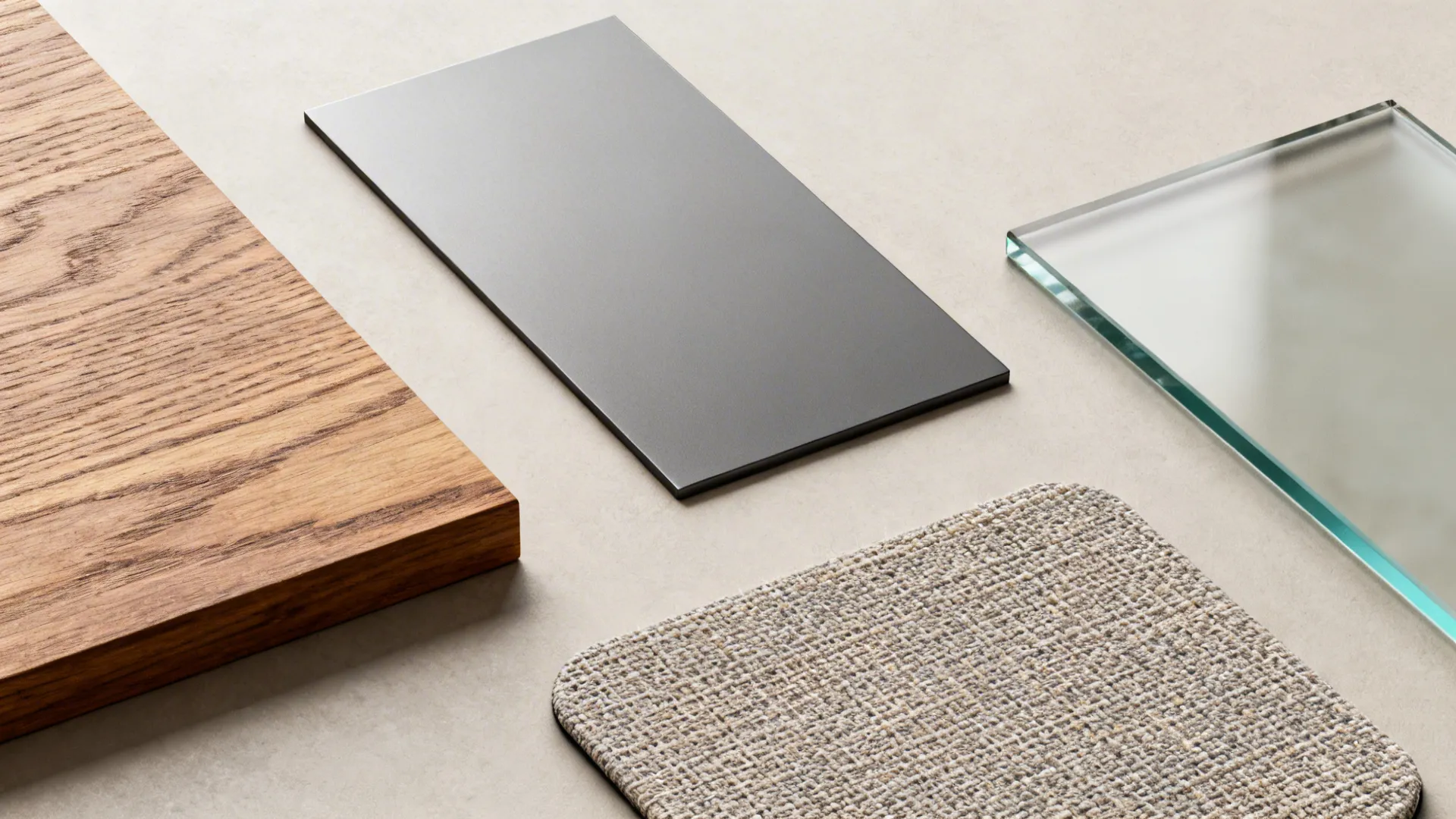 Material samples for center tables including hardwood, powder-coated metal, tempered glass, and a fabric coaster
