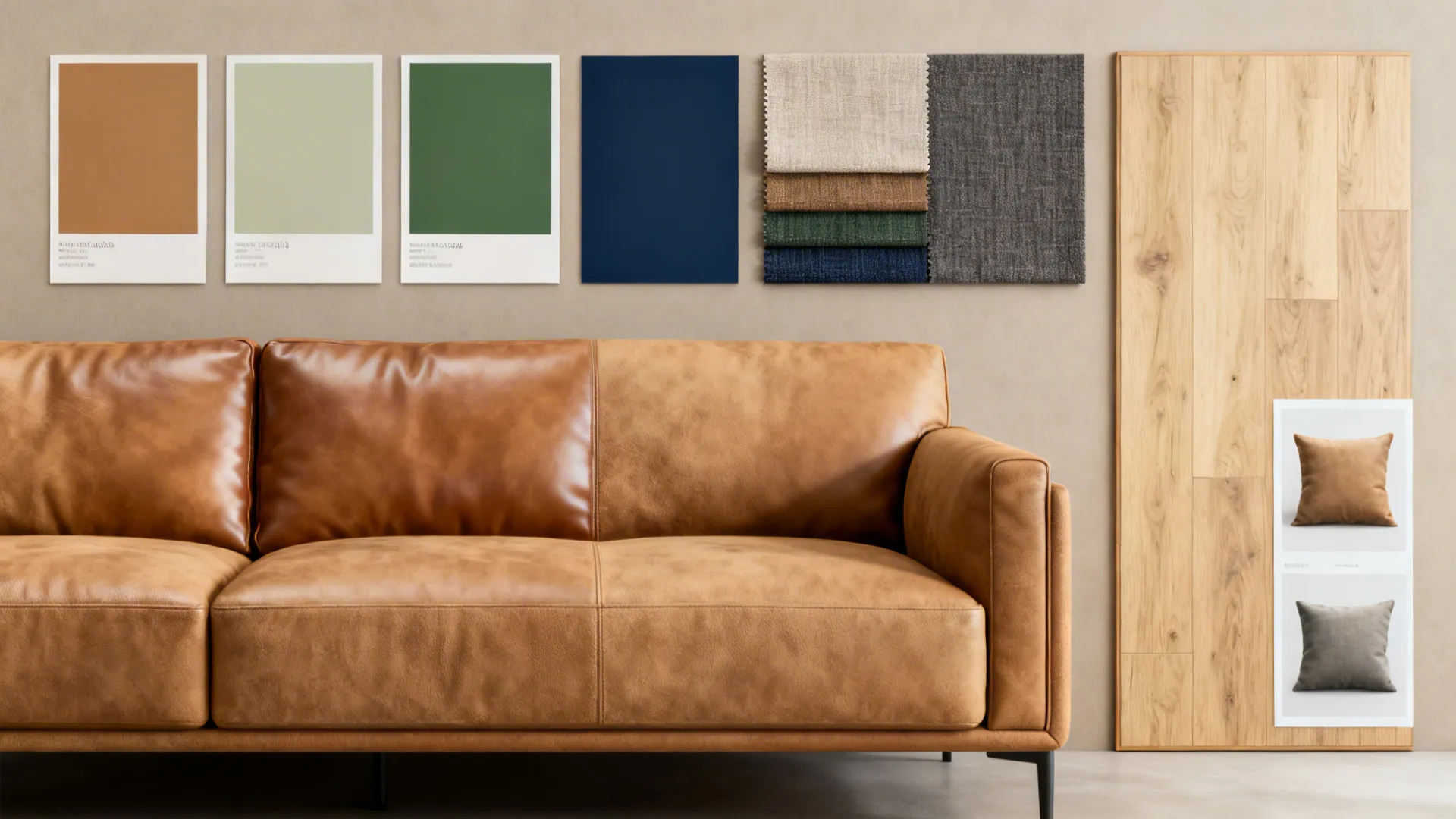 Flatlay of paint swatches, fabric samples and flooring options for styling a tan sofa