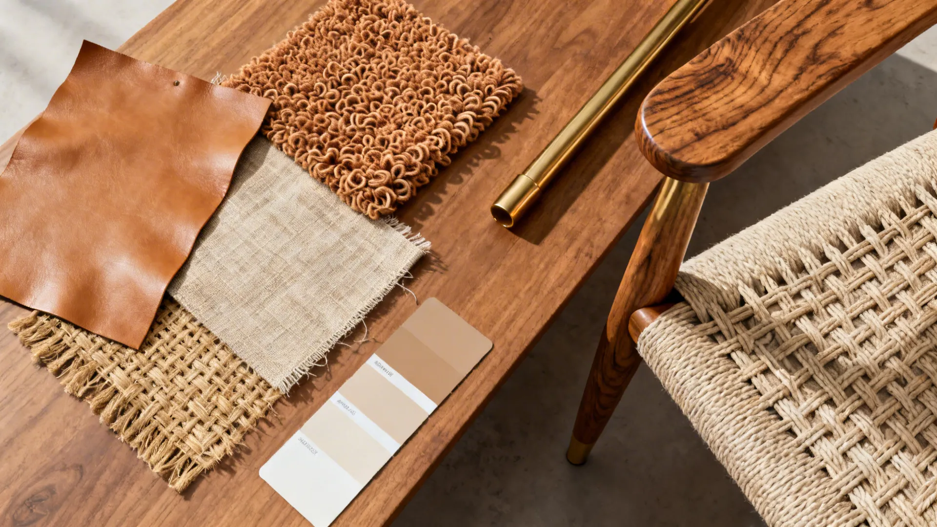 Leather and fabric material samples with color palette on wooden table next to woven chair