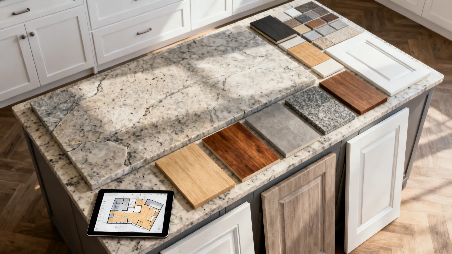 Top-down view of countertop samples, cabinet samples, and a 3D planner on a kitchen island