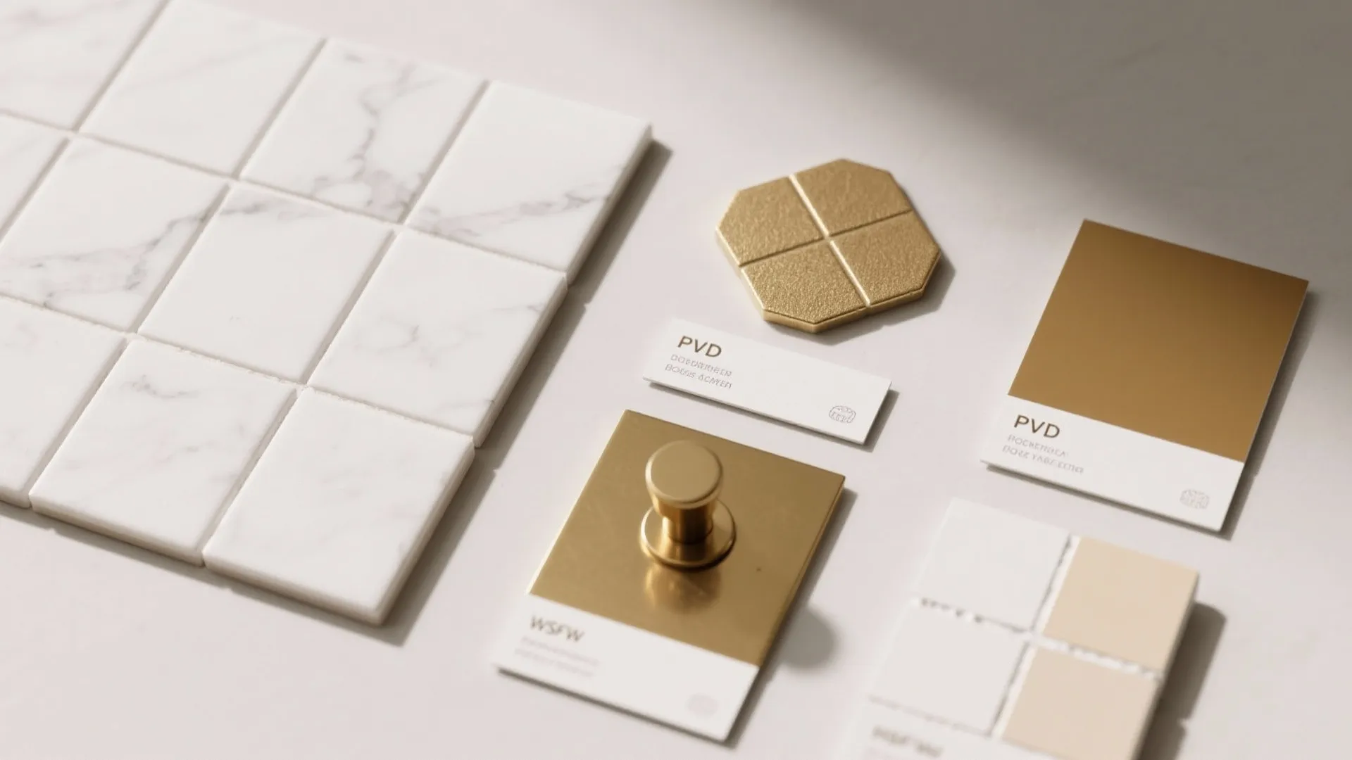 Collection of white marble tiles gold hardware samples and color swatches on a white surface