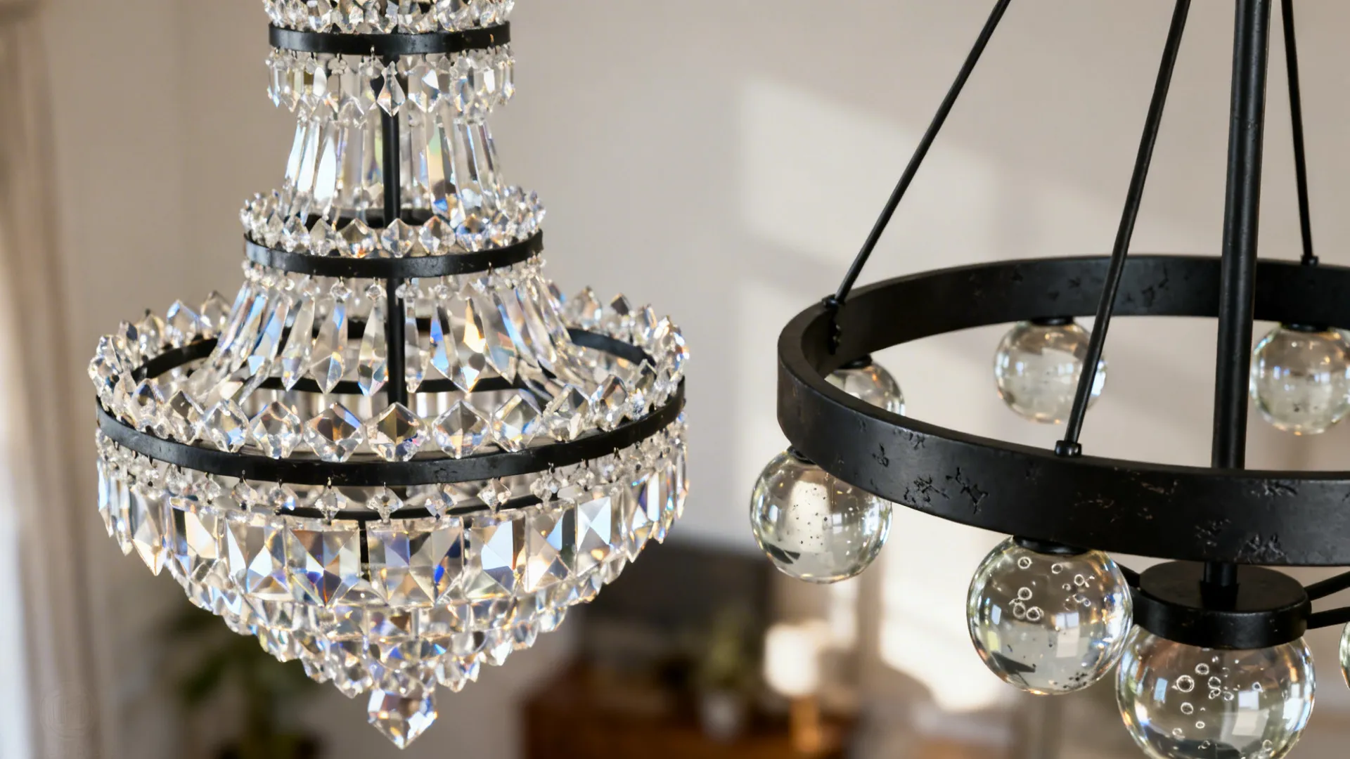 Close-up of crystal ceiling light and black round light fixture with round glass light bulbs