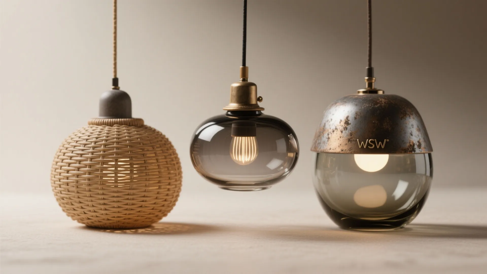 Three different hanging ceiling lights made of woven wood glass and metal against plain wall