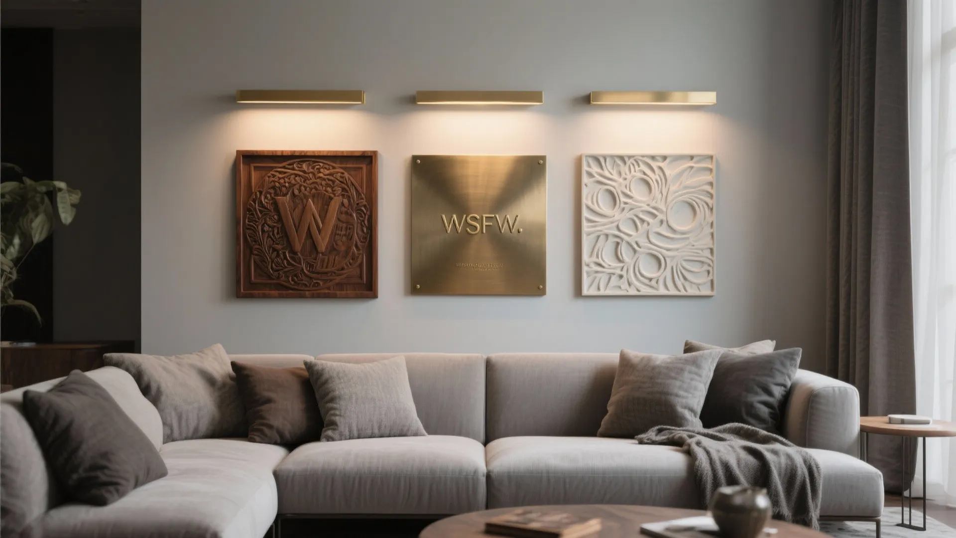 Living room wall with walnut, brushed brass, and matte ceramic plaques balancing warmth and contrast.