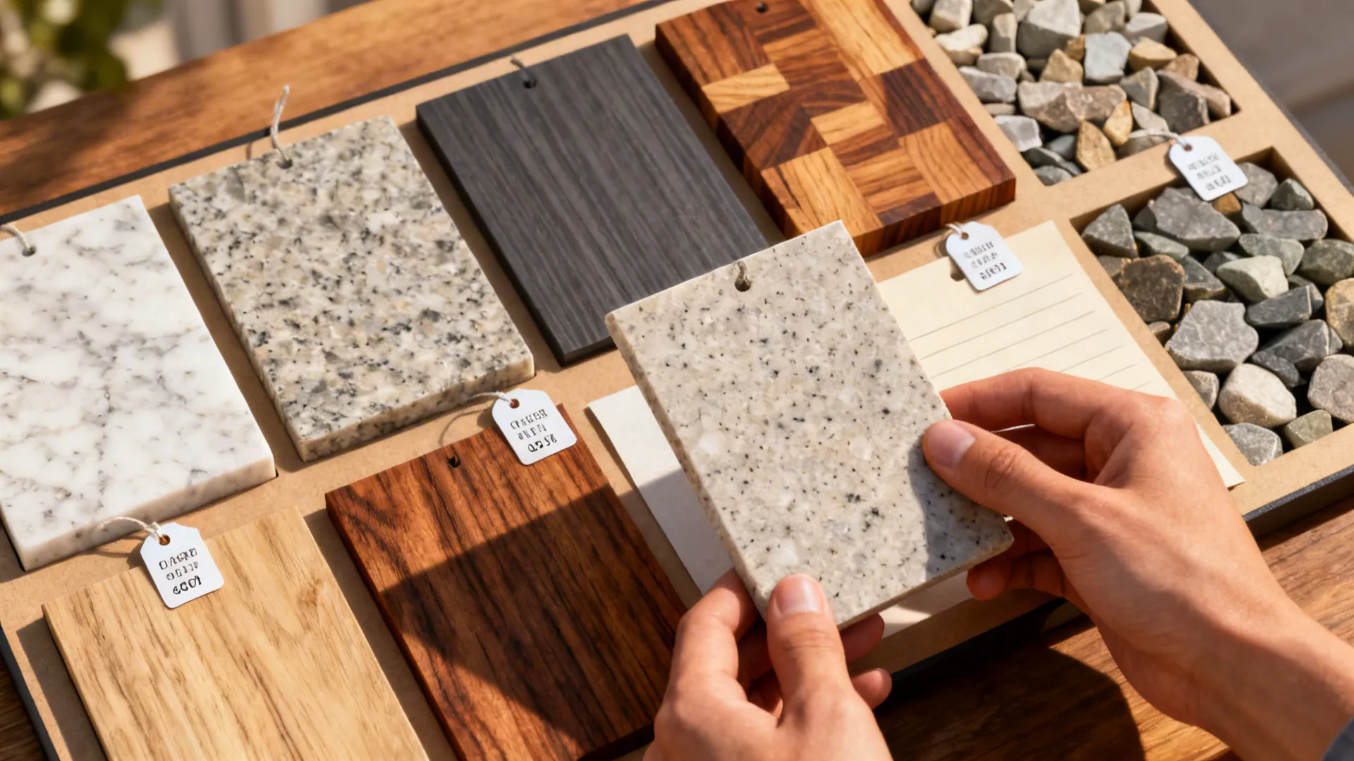 Material sample board with quartz, laminate, butcher block swatches and cost notes for countertop decisions.