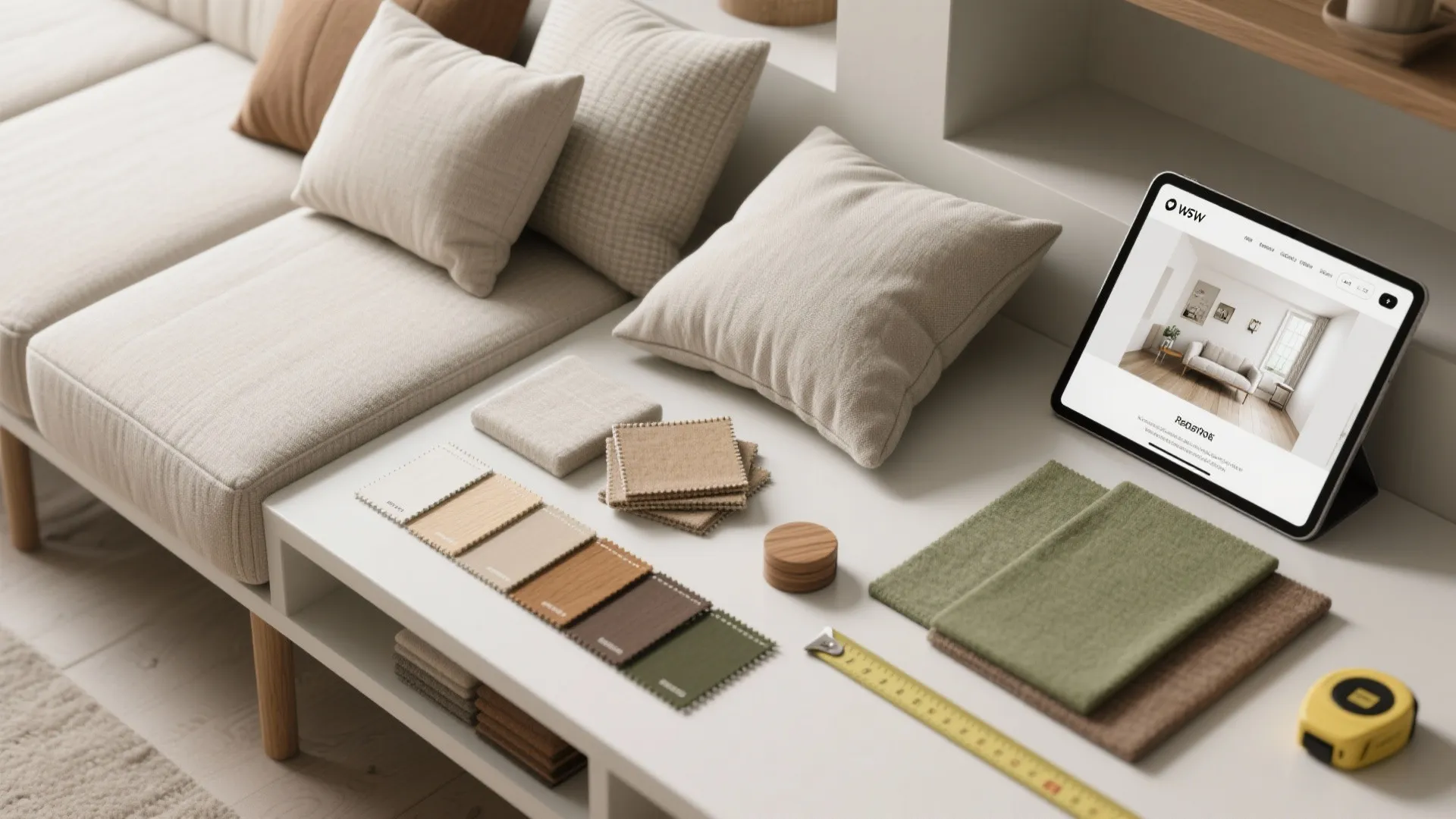 Flatlay of washable fabric swatches, color chips, tape measure and a tablet with a room planner.
