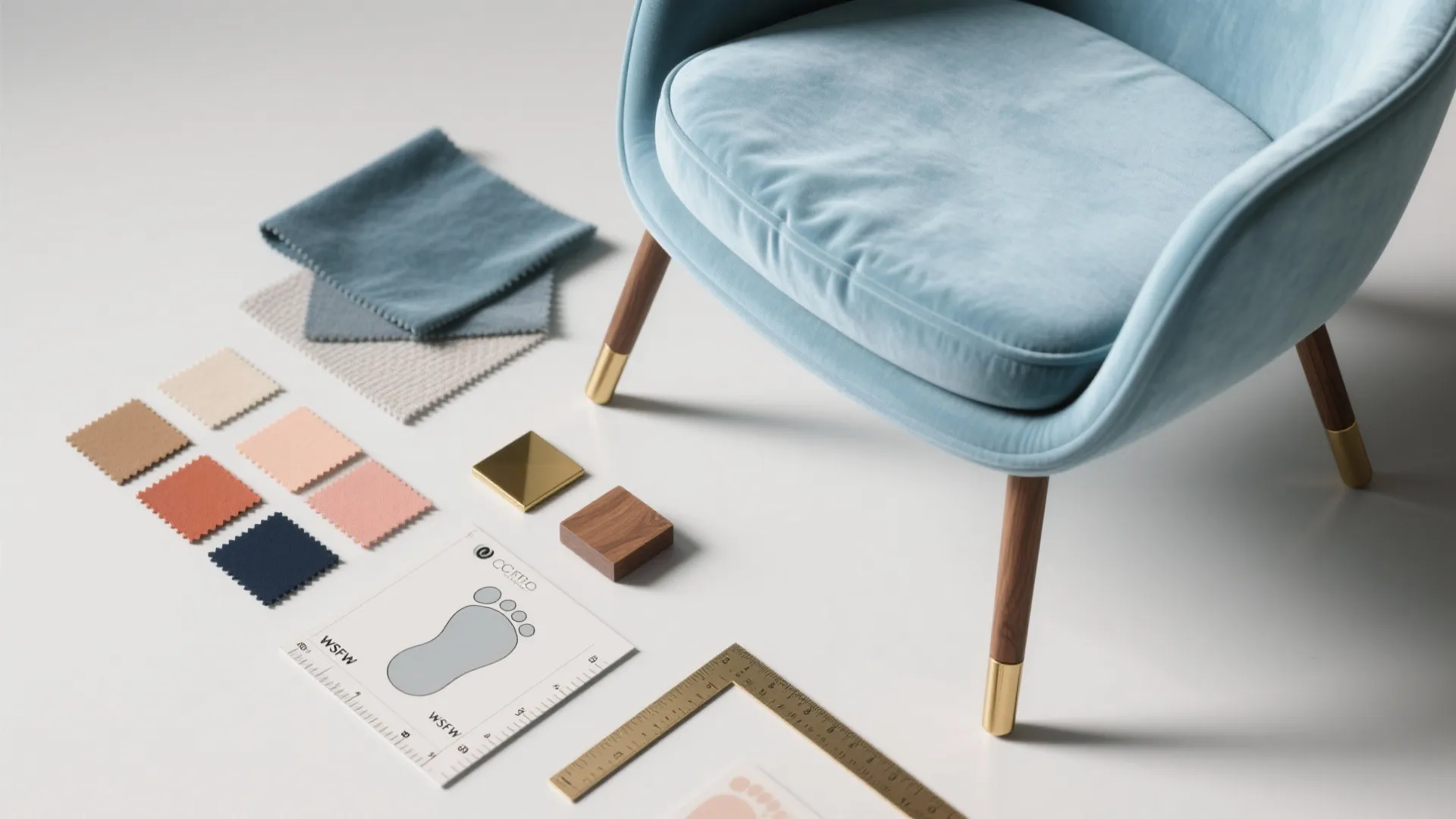 Interior design material swatches and fabric samples next to a blue chair and wooden legs