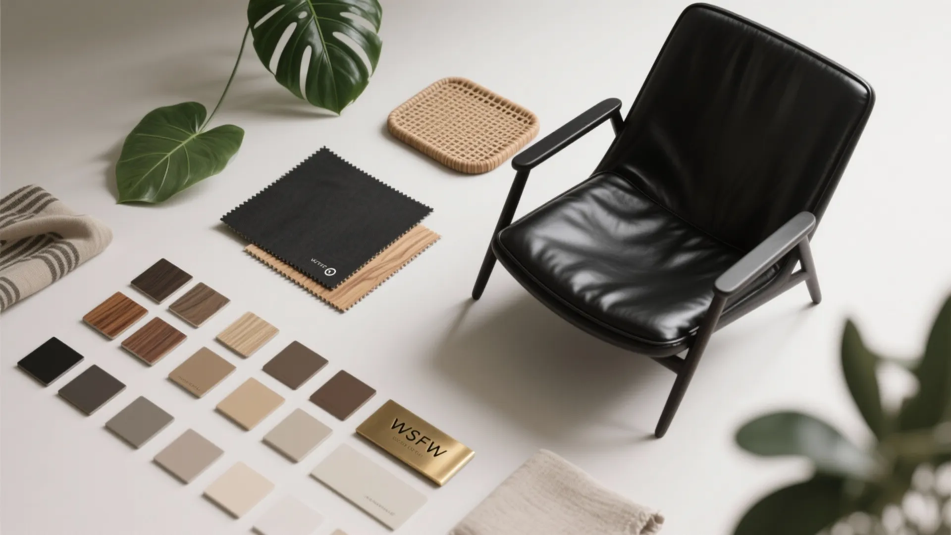 Flatlay of material and color swatches for styling black leather chairs including wood, rattan, linen and brass samples.