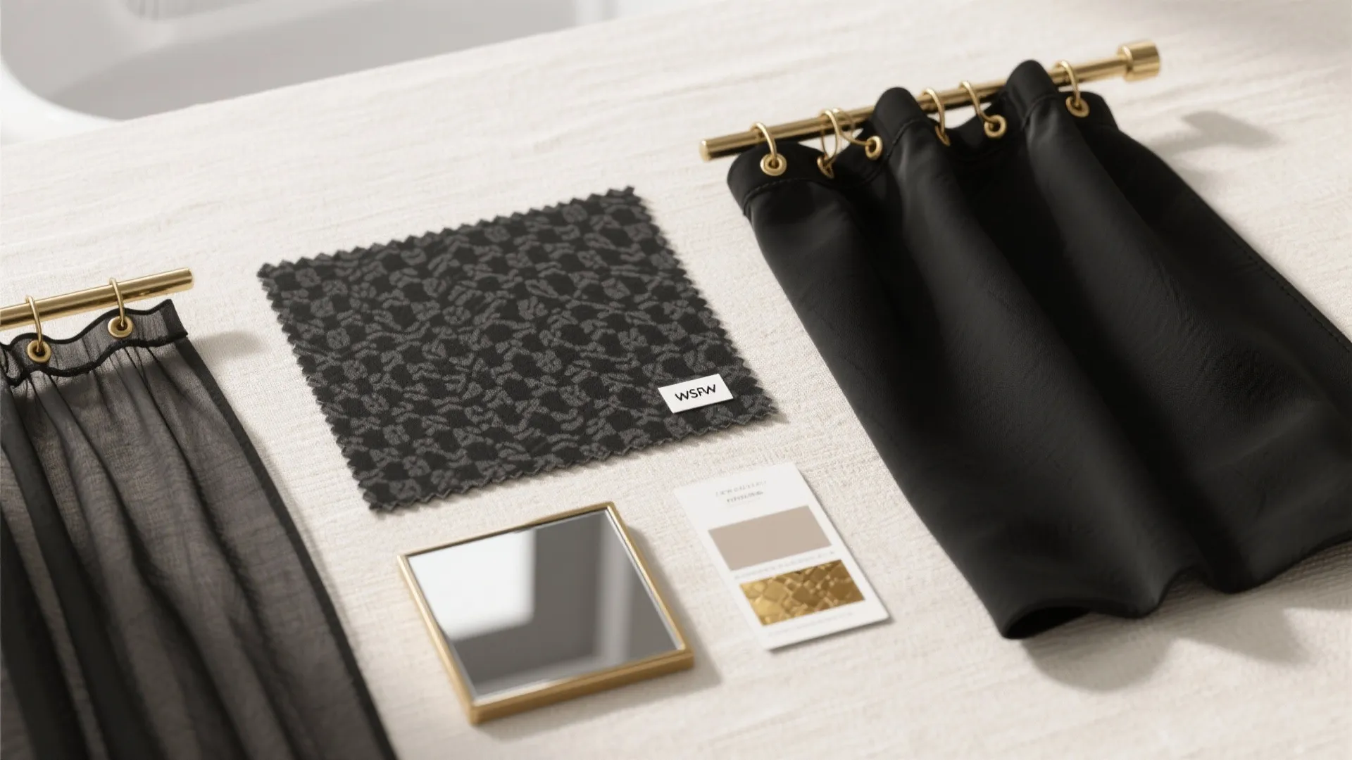 Flat lay of black fabric samples, a gold mirror, and color cards on a table
