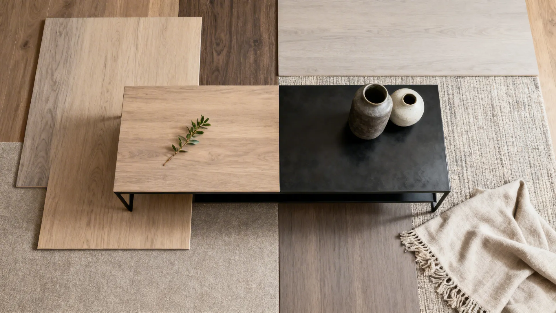 Flatlay of material swatches including mid-tone wood, matte metal, neutral fabrics and plant for coordinating coffee tables and TV stands.