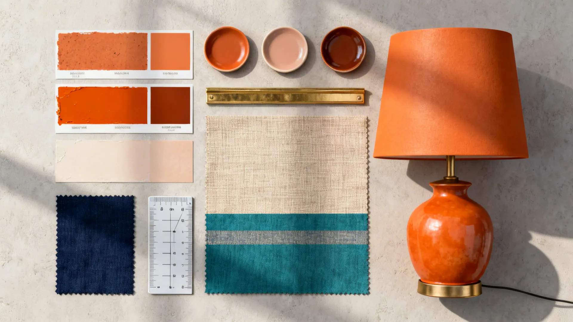 Top-down flatlay of terracotta and burnt orange swatches, ceramic and brass samples, and linen fabric for lamp styling.