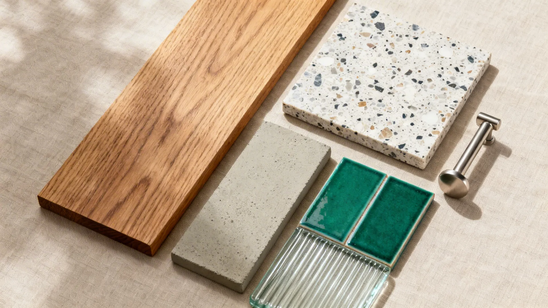 Top-down flatlay of oak veneer, terrazzo, microcement, emerald tile, ribbed glass, and brushed nickel.
